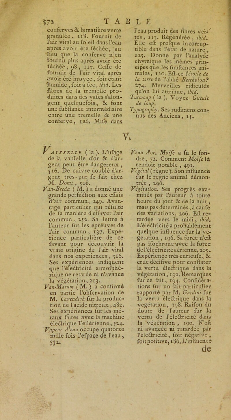 $7* T A h conferves & la matière verte granulée, 118. Fournit de l’air vital au foleil dans l’eau après avoir été féchée, au lieu que la conferve n’en Fournit plus après avoir été féchée, 98, 117. Celle de fournir de l'air vital après avoir été broyée, foit étant ^humide, foit à fec, ibid. Les fibres de la tremelle pro- duites dans des vales s’alon- gent quelquefois, & font une fubftanèe intermédiaire entre une tremelle & une conferve, 12.6. Mife dans y, V.esse lle ( la ). L’ufage de la vaiffelle d’or & d’ar- gent peut être dangereux , 516. De cuivre doublé d’ar- gent très - pur fe fait chez M. Domi , 508. Van-Breda ( M. ) a donné une grande perfection aux effais d’air commun, 249. Avan- tage particulier qui réfulte de fa manière d’effayer l’air commun , 252. Sa lettre à l’auteur fut les épreuves de l’air commun , 137. Expé- rience particulière de ce favant pour découvrir la vraie origine de l’air vital dans nos expériences , 316. Ses expériences indiquent que l’éleétricité atmofphé- rique ne retarde ni n’avance la végétation, 213. Van-Marum ( M. ) a confirmé en partie l’obfervation de M. Cavtndish fur la produc- 1 tion de l’acide nitreux, 482. Ses expériences fur les mé- taux faites avec la machine électrique Teilérienne, 524. Vapeur d’eau occupe quatorze mille fois l’efpaçe de i’eau , ! L Ê ieau produit des fibres ver-* tes, 1x3. Régénérée, ibid. Elle eft prefque incorrup- tible dans l’état de nature, 125. Donne par l’analyfe chymique les mêmes prin- cipes que les fubftances ani- males, i.ro. Eft-ce Y étoile de la terre de l’abbé Bertholon? 274. Merveilles ridicules qu’on lui attribue, ibid. Turn-cap ( la ). Voyez Gueule de Loup. Typography. Ses rudimens con- nus des Anciens, 15. Veau d’or. Mo'ife a fu le fon- dre, 72, Comment Moïfe lé rendoit potable , 491. Végétal ( règne ). Son influence fur le règne animal démon- trée , 296. Végétation. Ses progrès exa- minés par l’auteur à toute heure du jour & de la nuit * mais pas déterminés, à caufe des variations, 206. Eft re- tardée vers le midi, ibid. L’éleélricité a probablement quelque influence fur la vé- gétation , 196. Sa force n’eft ■ pas ifochrone-avec la force de l’éleCtricité aérienne, 205. Expérience trèscurieufe, & crue décifive pour conftater la vertu éleCtrique dans la végétation, 192. Remarques fur ce fait, 194. Confédéra- tions fur un fait particulier rapporté par M. Gardmi fur I3 vertu éleétrique dans la végétation, 198. Raifon du doute de l’auteur fur la vertu de l’éleÛricité dans la végétation , 190. N’eft ni avancée ni retardée par l’éledlricité, foit négative * foitpolitiye, 1S6, L’influence de