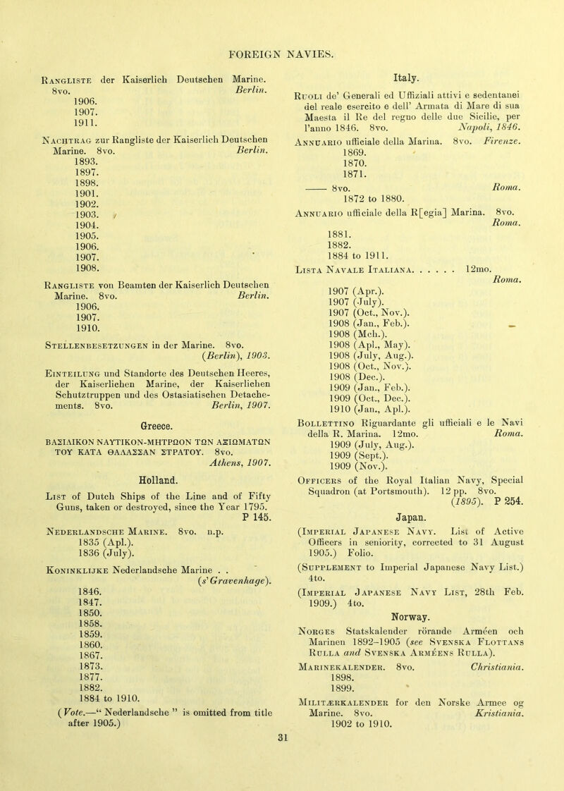 Rangliste der Kaiserlich Deutschen Marine. 8vo. Berlin. 1906. 1907. 1911. Nachtrag zur Rangliste der Kaiserlich Deutschen Marine. 8vo. Berlin. 1893. 1897. 1898. 1901. 1902. 1903. / 1904. 1905. 1906. 1907. 1908. Rangliste von Beamten der Kaiserlich Deutschen Marine. 8vo. Berlin. 1906. 1907. 1910. Stellenbesetzungen in der Marine. 8vo. (Berlin), 1903. Einteilung und Standorte des Deutschen Ileeres, der Kaiserlichen Marine, der Kaiserlichen Schutztruppen und des Ostasiatischen Detache- ments. 8vo. Berlin, 1907. Greece. BA2IAIKON NAYTIKON-MHTPQON TflN ASIflMATGN TOY KATA 0AAA22AN 2TPATOY. 8vo. Athens, 1907. Holland. List of Dutch Ships of the Line and of Fifty Guns, taken or destroyed, since the Year 1795. P 145. Nederlandsche Marine. 8vo. n.p. 1835 (Apl.). 1836 (July). Koninklijke Nederlandsche Marine . . (s’ Gravenhage). 1846. 1847. 1850. 1858. 1859. 1860. 1867. 1873. 1877. 1882. 1884 to 1910. ( Vote.—“ Nederlandsche ” is omitted from title after 1905.) Italy. Ruoli de’ Generali ed Uffiziali attivi e sedentanei del reale esercito e dell’ Armata di Mare di sua Maesta il Re del reguo delle due Sicilie, per l’anno 1846. 8vo. Napoli, 1846. Annuario ufficiale della Marina. 8vo. Firenze. 1869. 1870. 1871. 8vo. Roma. 1872 to 1880. Annuario ufficiale della R[egia] Marina. 8vo. Roma. 1881. 1882. 1884 to 1911. Lista Navale Italiana 12mo. Roma. 1907 (Apr.). 1907 (July). 1907 (Oct., Nov.). 1908 (Jan., Feb.). _ 1908 (Mch.). 1908 (Apl., May). 1908 (July, Aug.). 1908 (Oct., Nov.). 1908 (Dec.). 1909 (Jan., Feb.). 1909 (Oct., Dec.). 1910 (Jan., Apl.). Bollettino Riguardante gli ufficiali e le Navi della R. Marina. 12mo. Roma. 1909 (July, Aug.). 1909 (Sept.). 1909 (Nov.). Officers of the Royal Italian Navy, Special Squadron (at Portsmouth). 12 pp. 8vo. (1895). P 254. Japan. (Imperial Japanese Navy. LisL of Active Officers in seniority, corrected to 31 August 1905.) Folio. (Supplement to Imperial Japanese Navy List.) 4to. (Imperial Japanese Navy List, 28th Feb. 1909.) 4 to. Norway. Norges Statskalender rorande Armeen och Marinen 1892-1905 (see Svenska Flottans Rulla and Svenska Armeens Rulla). Marinekalender. 8vo. Christiania. 1898. 1899. Milit^rkalender for den Norske Armee og Marine. 8vo. Rristiania. 1902 to 1910.