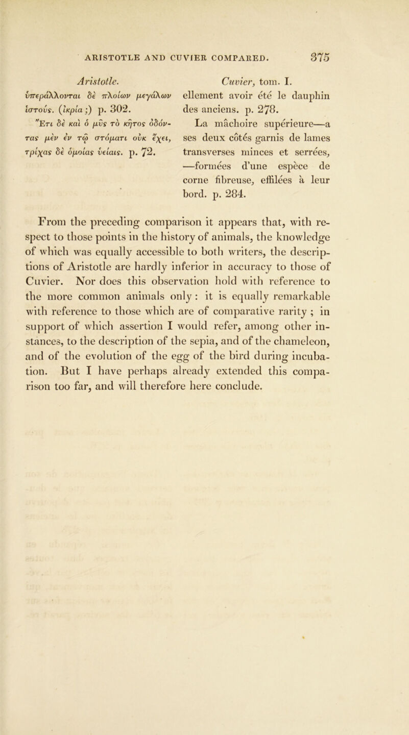 Aristotle. v7repaWovTcii de ttXolcov peyaXcov 'httovs. (iKpta;) p. 302. wErt de Kai 6 pvs to Krjros odov- ras pev ev tco aropari ovk e\eL, rpi'xas de opolas velais. p. 72. Cuvier, tom. I. ellement avoir ete le dauphin des anciens. p. 278. La machoire superieure—a ses deux cot£s garnis de lames transverses minces et serrees, —formees d’une espece de corne fibreuse, effilees a leur bord. p. 284. From the preceding comparison it appears that, with re- spect to those points in the history of animals, the knowledge of which was equally accessible to both writers, the descrip- tions of Aristotle are hardly inferior in accuracy to those of Cuvier. Nor does this observation hold with reference to the more common animals only : it is equally remarkable with reference to those which are of comparative rarity ; in support of which assertion I would refer, among other in- stances, to the description of the sepia, and of the chameleon, and of the evolution of the egg of the bird during incuba- tion. But I have perhaps already extended this compa- rison too far, and will therefore here conclude.