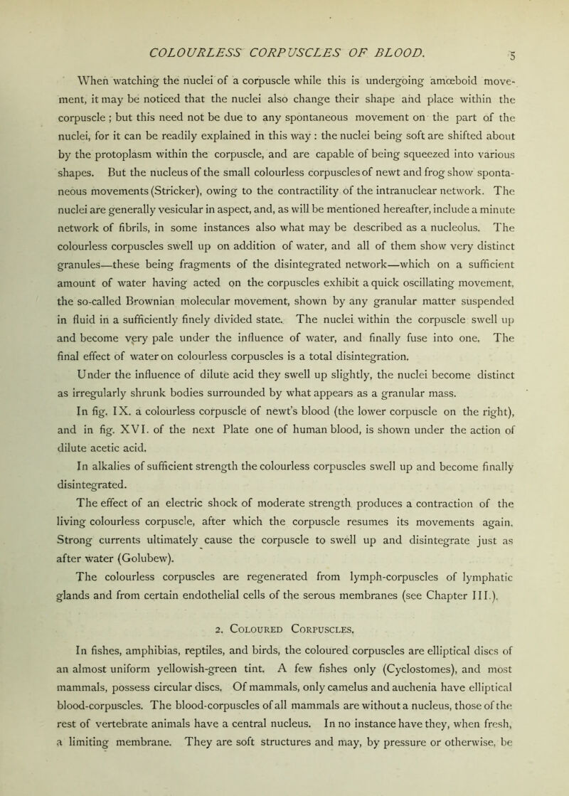 When watching the nuclei of a corpuscle while this is undergoing amoeboid move- ment, it may be noticed that the nuclei also change their shape and place within the corpuscle ; but this need not be due to any spontaneous movement on the part o.f the nuclei, for it can be readily explained in this way: the nuclei being soft are shifted about by the protoplasm within the corpuscle, and are capable of being squeezed into various shapes. But the nucleus of the small colourless corpuscles of newt and frog show sponta- neous movements (Strieker), owing to the contractility of the intranuclear network. The nuclei are generally vesicular in aspect, and, as will be mentioned hereafter, include a minute network of fibrils, in some instances also what may be described as a nucleolus. The colourless corpuscles swell up on addition of water, and all of them show very distinct granules—these being fragments of the disintegrated network—which on a sufficient amount of water having acted on the corpuscles exhibit a quick oscillating movement, the so-called Brownian molecular movement, shown by any granular matter suspended in fluid in a sufficiently finely divided state. The nuclei within the corpuscle swell up and become very pale under the influence of water, and finally fuse into one. The final effect of water on colourless corpuscles is a total disintegration. Under the influence of dilute acid they swell up slightly, the nuclei become distinct as irregularly shrunk bodies surrounded by what appears as a granular mass. In fig, IX. a colourless corpuscle of newt's blood (the lower corpuscle on the right), and in fig. XVI. of the next Plate one of human blood, is shown under the action of dilute acetic acid. In alkalies of sufficient strength the colourless corpuscles swell up and become finally disintegrated. The effect of an electric shock of moderate strength produces a contraction of the living colourless corpuscle, after which the corpuscle resumes its movements again. Strong currents ultimately cause the corpuscle to swell up and disintegrate just as after water (Golubew). The colourless corpuscles are regenerated from lymph-corpuscles of lymphatic glands and from certain endothelial cells of the serous membranes (see Chapter III.). 2. Coloured Corpuscles. In fishes, amphibias, reptiles, and birds, the coloured corpuscles are elliptical discs of an almost uniform yellowish-green tint. A few fishes only (Cyclostomes), and most mammals, possess circular discs. Of mammals, only camelus and auchenia have elliptical blood-corpuscles. The blood-corpuscles of all mammals are without a nucleus, those of the rest of vertebrate animals have a central nucleus. In no instance have they, when fresh, a limiting membrane. They are soft structures and may, by pressure or otherwise, be