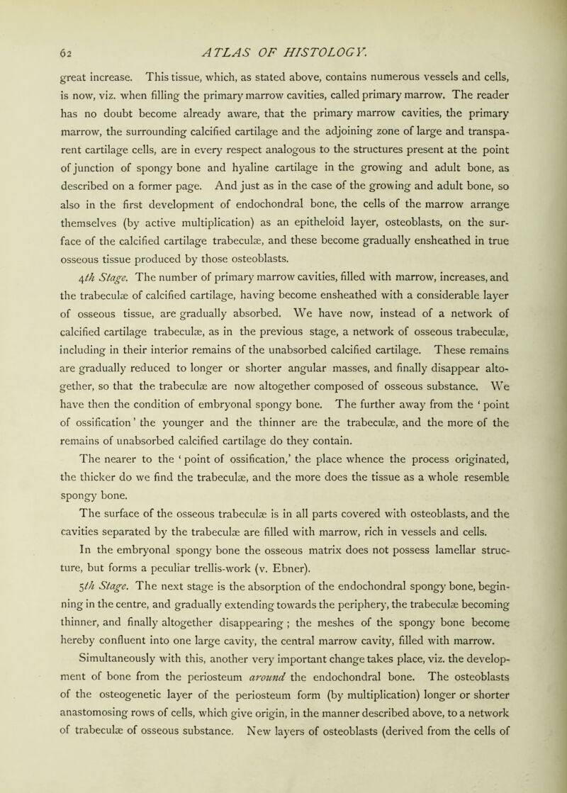 great increase. This tissue, which, as stated above, contains numerous vessels and cells, is now, viz. when filling the primary marrow cavities, called primary marrow. The reader has no doubt become already aware, that the primary marrow cavities, the primary marrow, the surrounding calcified cartilage and the adjoining zone of large and transpa- rent cartilage cells, are in every respect analogous to the structures present at the point of junction of spongy bone and hyaline cartilage in the growing and adult bone, as described on a former page. And just as in the case of the growing and adult bone, so also in the first development of endochondral bone, the cells of the marrow arrange themselves (by active multiplication) as an epitheloid layer, osteoblasts, on the sur- face of the calcified cartilage trabeculae, and these become gradually ensheathed in true osseous tissue produced by those osteoblasts. 4th Stage. The number of primary marrow cavities, filled with marrow, increases, and the trabeculae of calcified cartilage, having become ensheathed with a considerable layer of osseous tissue, are gradually absorbed. We have now, instead of a network of calcified cartilage trabeculae, as in the previous stage, a network of osseous trabeculae, including in their interior remains of the unabsorbed calcified cartilage. These remains are gradually reduced to longer or shorter angular masses, and finally disappear alto- gether, so that the trabeculae are now altogether composed of osseous substance. We have then the condition of embryonal spongy bone. The further away from the ‘ point of ossification ’ the younger and the thinner are the trabeculae, and the more of the remains of unabsorbed calcified cartilage do they contain. The nearer to the ‘ point of ossification,’ the place whence the process originated, the thicker do we find the trabeculae, and the more does the tissue as a whole resemble spongy bone. The surface of the osseous trabeculae is in all parts covered with osteoblasts, and the cavities separated by the trabeculae are filled with marrow, rich in vessels and cells. In the embryonal spongy bone the osseous matrix does not possess lamellar struc- ture, but forms a peculiar trellis-work (v. Ebner). 5th Stage. The next stage is the absorption of the endochondral spongy bone, begin- ning in the centre, and gradually extending towards the periphery, the trabeculae becoming thinner, and finally altogether disappearing ; the meshes of the spongy bone become hereby confluent into one large cavity, the central marrow cavity, filled with marrow. Simultaneously with this, another very important change takes place, viz. the develop- ment of bone from the periosteum around the endochondral bone. The osteoblasts of the osteogenetic layer of the periosteum form (by multiplication) longer or shorter anastomosing rows of cells, which give origin, in the manner described above, to a network of trabeculae of osseous substance. New layers of osteoblasts (derived from the cells of