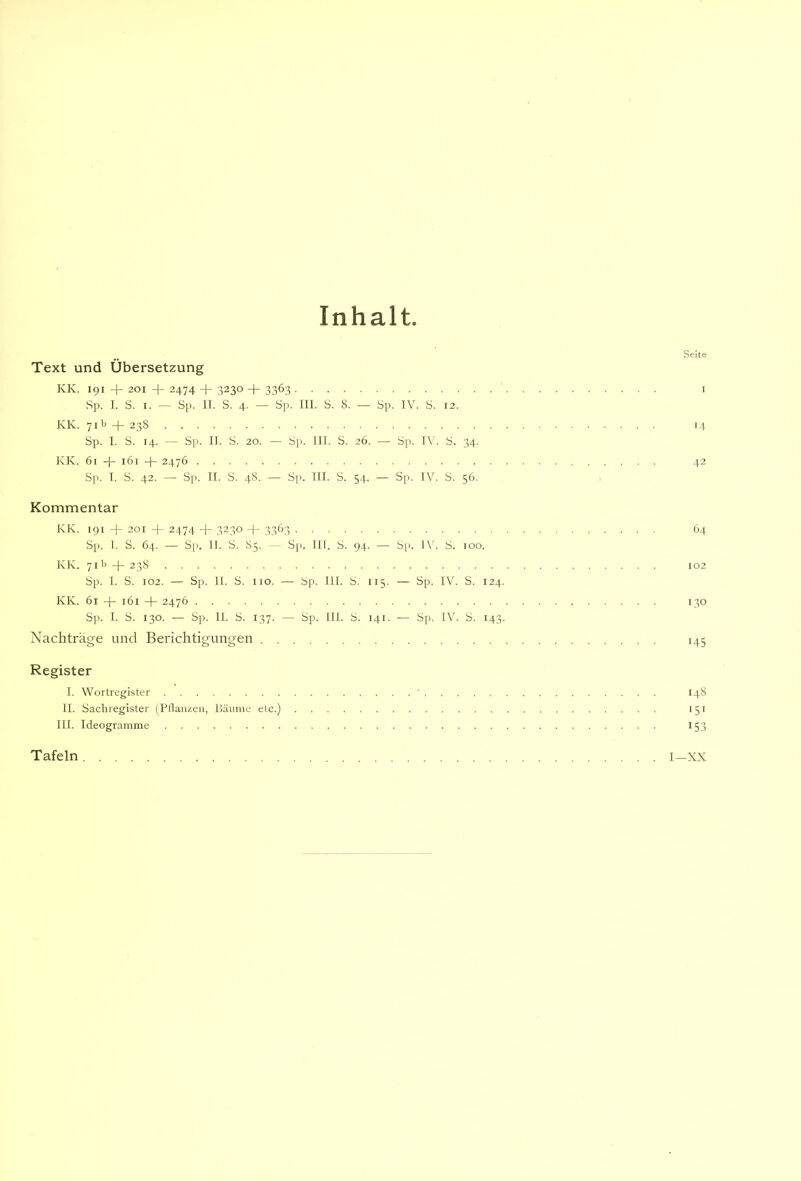 Inhalt Seite Text und Übersetzung KK. 191 + 201 + 2474 + 3230 + 3363 I Sp. I. S. I. — Sp. II. S. 4. — Sp. 111. S. 8. — Sp. IV. S. 12. KK. 71b-1-238 i.|. Sp. 1. S. 14. — Sp. II. S. 20. — Sp. 111. S. 26. — Sp. I\'. S. 34. KK. 61 + 161 -j- 2476 42 Sp. 1. S. 42. — S|). II. S. 48. — Sp. III. S. 54. — Sp. IV. S. 56. Kommentar KK. 191 -|- 201 -| 2474 + 3230 -j- 3363 64 Sp. 1. S. 64. — Sp. II. S. 85. S[i. III. S. 94. — Sp. 1\'. S. 100. KK. 71 b -(- 238 102 Sp. 1. S. 102. — Sp. 11. S. 110. — Sp. III. S. 115. — Sp. IV. S. 124. KK. 61 -f- 161 + 2476 130 Sp. I. S. 130. — Sp. II. S. 137. — Sp. III. S. 141. — Sp. IV. S. 143. Nachträge und Berichtigungen 145 Register I. Wortregister ' 14S II. Sachregister (Pllaiizen, lläunie etc.) 151 III. Ideogranrme 153 Tafeln I—XX