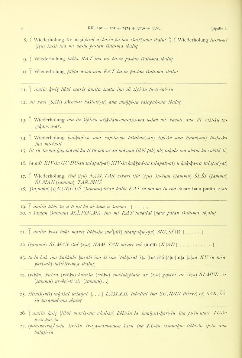 8. y Wiederholung sjr aiasi pisa{-a) ba-lu pa-tan 7sati{}.)-nia ibahit \ J Wiederholung sii-ni-us {isii) hi-U ina m 'i ba-lu pa-tan isati-ma ibaljit 9. y Wiederholung täbta RA T ina m'i ba-lu pa-tan isati-nia ibalut 10. y Wiederholung tabta a-ma-nini RAT ba-lu pa-tan isati-nia tbalut 11. y am'ilu ki-is Hb bi viai'is ainila hiatu ina ili sip'i-su tu-si-sab-su 12. ni 'i kasl (SAR) si'k-ru-ti baslnti(-ti) ana muhhi-su tasapak-nia ibalut 13. y Wiederholung ina ili s'ip'i-su uk\k-tam-nia-as\s-nia u-sab mi kasuti ana ili riu-hi tu- g\kar-ra-ar. 14. y Wiederholung kakkad-su ana sap-la-nu tasakan(-an) s'tp'i-iii ana ilänu(-mt) tu-sa-ka ina nii-ku-ti 15. lit-su ta-nia-has inanii-ku-ti tu-ma-as-su-ma ana libbi tab(-ab) takabi ina ubäni-ka rabiti(-ti) 16. sa adi XlV-su GUDU-su talapat(-at) XlV-hi kakkad-su talapat(-at) u kak-ka-ra talapat(-at) 17. y Wiederholung ihd (isii) NAM. TAR zikari isid (isu) su-sum (samnui) SI.SI (saniniii) SI.MAN (sanwiu) RAR.MUS 18. [(sa]/nmu) [l]N.\N]U.US (sainmu) Itsän kalbi RA T lu ina mi hi i)ia [sikari balu patänj isati 19. y aniilu libbi-sn it-ti-nit-ba-as-sum u samnui . [ ] . 20. u saman (saniniu) MA.RIN.MA. ina nii RAT tuballal (balu patän isati-ma ib]alut 21. y amilu ki-is libbi niaris libbi-su mci\dis\ ittanpahn(-hu) MU.St.IR. \ ] 22. (sammu) SI.MAN isid (isu) NAM. TAR zikari mi täbüti \K\AD [ ] 23. tu-la-bak ina kakkabi karabi ina si-rim [tab\asal-[^u [tu.sa]sti-[s]u-[m]a [a]na KU-su tasa- pak(-ak) tustiNr-ni\a ibalut) 24. (nkkii) kukia (rikku) buräsa (rikku) sudjtubjplala ar (isu) gipari ar (isu) SI.MUR zir (sainmu) nr-ba\-ti zir (sammu) . ,] 25. istinis(-nis) tahasal tasahal. [. . . .] LAM.KIL tuballal ina SU. ID IN titirri(-ri) SAK.SA- su tasamid-ma ibalut 26. y amilu ki-is [libbi maris-ma akal-su) libbi-su la imahar(-har)-su ina pi-su uttär TU-su n-sa-hal-su 27. ip-ta-na-ru[In-su siri-su ir-t\a-nam-mu-u säru ina KU-su issanajiur libbi-su ip-tu ana balati-su