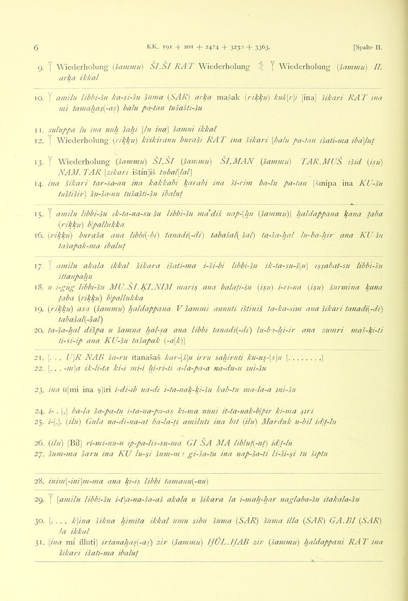 9. y Wiederholung [sammn] Sl.SI RAT Wiederholung ^ J Wiederholung {samwii) IL arka ikkal 10. y ain'ilu libbi-su ka-si-ht hlma (SAR) arka maäak {rikkit) kuk\r\i [ina] sikari RAT ina ini tamahas[-as) balu pa-ta)i tusasti-sii 11. sidnppa ln ina nuh sahi \ln ma] sainui ikkal 12. y Wiederholung {j'ikku) kiskiränu burasi RA T via sikari [ba/ii pa-tan isati-ma iba\lut 13. y Wiederholung {sanimii) Sl.SI {samtmi) SI.MAN {savunii) TAR.MUS isid {isii) ISAM. TAR [sikari istmjis tiibal[lal] 14. ina sikari tar-sa-an ina kakkabi karabi ina si-rini ba-lu pa-tan [sinipa ina KU-sit tustisir\ sn-sa-nit tusasti-sn ibalut 15. y aniiln libbi-su ik-ta-na-su-su libbi-su nid dis nap-[hn haldappäna kanä taba {rikkit) b\paUitkka 16. (rikku) biiräsa ana libhi{dn) tanadi{-di) tabasal{-sal) ta-sa-hal Iii-ba-hir ana KU-sn tasapak-ina ibalut 17. y aniilu akala ikkal sikara isati-ma i-si-bi libbi-su ik-ta-su-s[ii\ issabat-su libbi-su ittanpahii 18. u i-gug libbi-su MU,SI.KI.NIM maris ana balati-su {isu) i-ri-na [isii) surmina kamt taba {rikkit) blpallukka 19. {rikku) asa {sammu) haldappäna V sammi annuti istinis ta-ka-sim ana sikari tanadi{-di) tabasal{-sal) 20. ta-sa-hal dispa u samna lial-sa ana libbi tanadi{-di) lu-ba-hi-ir ana suniri mas-ki-ti ti-si-ip ana KU-su tasapak {-a[k)\ 21. [. . . U]R NAB sa-rit itanasas kar-\s]u irru sahiruti ku-us-\s)tt [ ] 22. [. . . -m\a ik-li-ta ki-i uii-i Id-ri-ti a-la-pa-a na-du-it ini-su 23. ina u[mi ina sjiri i-di-ib na-di i-ta-nak-ki-su kab-tu ma-la-a ini-su 24. /- . [.] ba-la sa-pa-tii i-ta-na-pa-as ki-ma nüni it-ta-nak-b\pir ki-nia siri 25. /-[.]. {ilii) Gula na-di-na-at ba-la-ti amlluti ina btt (du) Marduk it-bil idit-lu 26. (////) [Bil] ri-mi-nu-u ip-pa-lis-su-ma Gl SA MA liblut{-ut) kijt-lu 27. sum-ma säru ina KU lu-si sum-m t gi-sa-tu ina nap-sa-ti li-si-si tu siptu 28. iniin[-ini\m-nia ana ki-is libbi tamanu{-mi) 29. y [amilu libbi-su i-t\a-na-sa-as akala u sikara la i-mah-har naglaba-su itakala-su 30. [. . . . k\ina sikna himita ikkal uniu sibu suvia (SAR) sunia illa (SAR) GA.BI (SAR) lä ikkal 31. \ina ml illutij irtanahad-as) zir {sammu) HUT.HAB zir {sammu) haldappäni RAT ina sikari isati-ma ibalut