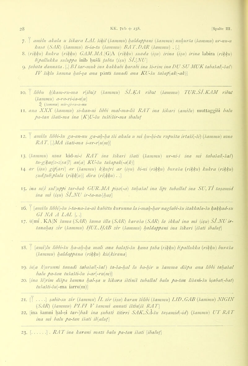 7. y amilu akala u sikara LAL sikU {sammit) haldappani {sammii) nuhurta {sainnui) uy-nu-u kasa {SAR) {uxmmii) ti-ia-tu {saminu) BAT.DAR [saminu) . [.] 8. {rikku) kukra {rikku) GAJI/.Ä1A.[G]A {rikkii) suäda [isji) irina {isu) irina labira {rikkn) b\paUukka sulnppa inib husli fabta {isu) SI.[NU] 9. tabäta dannata . [.] BI tar-muk ina kakkabi karäbi ina si-riin iua DU SU MUK tabasal{~sal) IV siklu samna hal-sa ana pänti tanadi ana KU-su tasap[ak{-ak)] 10. y /ibbu h\kam-ru-ma r[iba\t {saminu) St.KA rib'At {sammii) TUR.St.KAM rib'ä.t {sammu) a-ra-ri-ia-n\_u\ ^ {sammit) mir-gi-ra-a-nii 11. ana XXX {sammu) si-kan-ni libbi mal-ma-lis RAT ina sikari {amilu) muttaggisi balu pa-tan isati-ma ina \K\U-su tustisir-ma ibalut 12. y amilu libbi-su ga-an-nu ga-ah-ha isi akala u mi hu-hi-tu rupusta irtasi{-si) {sammu) nina RA T. \i\MA isati-ma i-ar-r[u{m)] 13. {sammu) ninä kid-«/-/ RAT ina sikari isati {sammu) nr-ni-i ina mi tabasal{-sal) tu-glkaslz-,z\sa\}\ an\a] KU-su tasapak{-a[k)] 14. ar {isu) gip\ari\ ar {himmu) k\kutri ar {isu) bi-ni {rikku) buräsa {rikku) kukra {rikkii) sjid\tub\plalä {rikk\ii)\ dira {ri[kku) . .] 15. iua m[i sul]uppi tar-bak GUR.MA pisa{-a) tahasal ina lipl tuballal ina SU. TI tasamid ina mi {isu) SI.NU ir-ta-na-\Jias)\ 16. y [amilu libbi)-}u i-ta-na-sa-as kabittu kurunna la i-mah-har naglabi-su itakkala-su kakkad-su Gl NA A LAL {. .] 17. ü[mi . KAJN süma {SAR) suma illa {SAR) karäsa {SAR) lä ikkal ina mi {isii) SI.NU ir- tanahas Uir {sammu) HUL.HAB sir {sammu) haldappani ina sikari [isati ibalut) 18. y [ami)lu libbi-sn ha-ah-ha mali ana balati-su kann taba {rikku) b\pallukka {rikku) buräsa {sammu) haldappäna {rikku) kis[kiräna) 19. in[a k)urunni tanadi tabasal{-sal) ta-sa-hal lu ba-hir u samma dispa ana libbi tahasal balu pa-tan tusasti-su i-ar[-ru{m)) 20. [ina si)rim dispa samna hal-sa u sikara istinis tuballal balu pa-tan lisän\-su \sabat{-bat) tusasti-su[-T<\-A. iarru(m)] 21. [y . . . .] sabit-su zir {sammu) IL zir {isu) karan silibi {sammu) LID .GAB {sammu) NIGIN {SAR) {sammu) PL PI V sammi anniiti istin[is RA T) 22. [ina samni hal-si tar-)bak ina sjibäti titirri SAK.SA-su tasamid[-id) {sammu) UT RAT ina mi balu pa-tan isati ib[alut) 23. [• .] . RA T ina karani mazi balu pa-tan isati [ibalut)