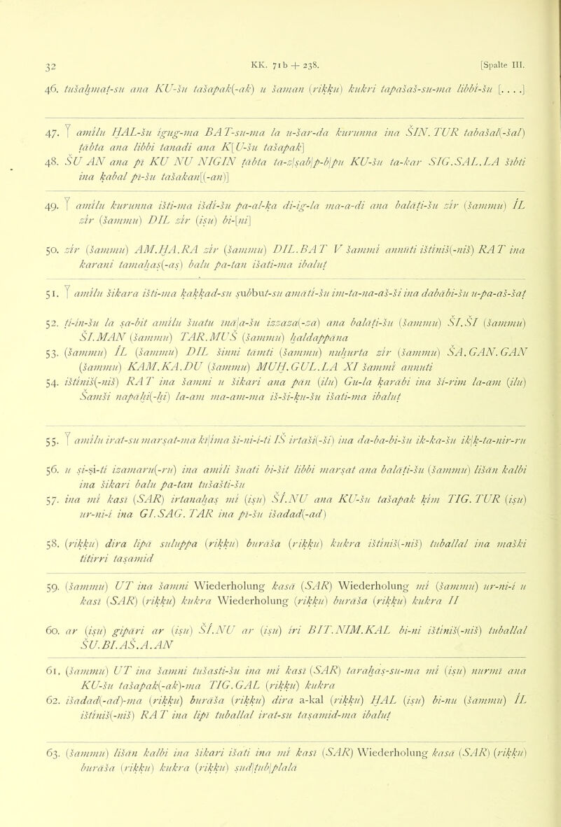 46. tiisahmat-su ana KU-hi tasapak[-ak) u samcvi [rikkii] kukri tapasas-su-ina libbi-hi [....] 47- y a7nilii IIAL-su igng-ina BA T-sii-ma la u-sm'-da kunuina ina SIN. TUR tabasal{-sal) täbta ana libbi tanadi ana K\U-su tasapak\ 48. SU AN ana pi KU NU NIGIN täbta ta-zisab\p-b\pu KU-sn ta-kai' SIG.SAL.LA sibti ina kabal pl-sn tasaka)i\^-a7iS\ 49. y aniilii kuriinna isti-ma isdi-hi pa-al-ka di-ig-Ia nia-a-di ana balati-hi zir' isamniu) IL zir {saininu') DIL zir iisjt) bi-\jii\ 50. zir {sammu) AM.HA.RA zir {samnin) DIL.BAT V sanivii annftti istinis{-nis) RAT ina karani tama/jas{-as) balu pa-tan imti-ma ibaliit 51. y aniilu sikara isti-nia kakkad-sn swbhwt-su amäti-hi ini-ta-na-as-si ina dabäbi-sn 7i-pa-as-sat 52. ti-in-hi la sa-bit aniilu suatu lnä\a-su izzaza(-za) ana baläti-su {saniinii) Si.SI [sammii] SI.MAN [saniniu) TAR.MUS {saniniii) haldappana 53. {sammii) IL [sammu) DIL sinni tamti [sammu) nuhurta zir [sammu) SA. GAN. GAN [sammu) KAM.KA.DU [sammu) MUH.GUL.LA XI sammi annuti 54. istinis[-nis) RA T ina samni n sikari ana pan {ilu) Gu-la karäbi ina si-rim la-am [du) Samsi napähi[-hi) la-am ma-am-ma is-si-ku-su isati-ma ibalut 55. y amilu irat-su marsat-ma ki\ima si-ni-i-ti IS irtasi[-si) ina da-ba-bi-sii ik-ka-su ik\k-ta-nir-ru 56. u si-d\-ü izamaru[-ru) ina amili snati bi-sit libbi marsat ana baläti-su [sammu) lisän kalbi ina sikari balu pa-tan tusasti-su 57. ina mi kasl [SAR) irtanalias mi [isiii SI.NU ana KU-su tasapak kirn TIG. TUR [isu) ur-ni-i ina GL SAG. TAR ina pl-su isadad[-ad) 58. [rikku] dira lipä suluppa [rikkn] buräsa [rikku) kukra istinis{-nis) tiiballal ina maski titirri tasamid 59. [sammu) UT ina samni Wiederholung kasä [SAR) Wiederholung mi [sammu) ur-ni-i u kasl [SAR) [rikku) kukra Wiederholung [rikku] buräsa [rikku) kukra II 60. ar [isu) gipäri ar [isu) Sl.NU ar [isu) iri BIT.NIM.KAL bi-ni istinis[-nis) tuballal SU.BLAS.A.AN 61. [sammu] UT ina samni tusasti-su ina mi kasl [SAR] tarahas-su-ma mi [ipi) niirml ana KU-su tasapäk[-ak)-ma TIG. GAL [rikku) kukra 62. isadad[-ad)-ma [rikku) buräsa [rikku) dira a-kal [rikku) HAL [isu) bi-nu [sammu) IL istiiiis[-nis) RA T ina lipi tuballal irat-su tasamid-ma ibalut 63. [sammu) lisan kalbi ina sikari isati ina mi kasl (SAR) Wiederholung kasä (SAR) [riklm] buräsa [rikku] kukra [rikku] sud\tub\plalä