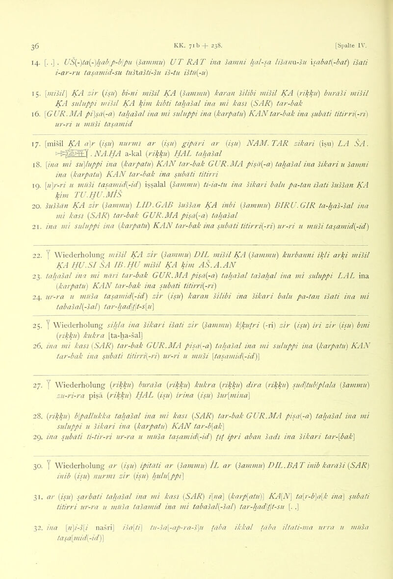 14. . US{^)ta{^-)hab,p-b\pu [sammit) UT RAT ina samiii hal-sa lisanw-su \sabat{-bat) isati i-ar-rii tasamid-su tustasti-su is-tu istn{-u) 15. [misil] KA z'ir [isit) bi-ni mihi KA [sammu') karan silibi inisil KA i^rikkii) burasi mihi KA suliippi mihi KA klm kibti tahasal ina mi kasi [SAR) tar-bak 16. [GUR.MA pi\sa[-a) tahasal ina mi suluppi ina [karpahi) KAN tar-bak ina siibäti titirri[-ri) ur-ri n müh tasamid 17. [misil KA a]r [isn) nunnl ar [isii) gipäri ar [isu) NAM.TAR sikari (isu) LA SA. . NA.HA a-kal [rikkii) HAL tahasal 18. \ina ml sn\lnppi ina [karpatii) KAN tar-bak GUR.MA pisä[-d) tahasal ina hkari u samni ina [karpatii) KAN tar-bak ina snbäti titirri 19. \ii\r-ri n muh tasamid[-id) issalal [sammu) ti-ia-tii ina hkari balu pa-tan isati sussän KA kirn TU .HU .MIS 20. sussän KA zir [hmnm) LID. GAB sussan KA inbi [sammu) BIRU.GIR ta-has-sal ina mi kasi [SAR) tar-bak GUR.MA pisä[-a) tahasal 21. ina mi suluppi ina [karpatu) KAN tar-bak ina pibäti titirri[-ri) ur-ri u miisi tasamid[-id) 22. y Wiederholung misil KA zir [samnnij DIL misil KA [sammu) kurbanni ikli arki misil KA IjU.SI SA IB.HU mihi KA kirn AS.A.AN 23. tahasal ina mi näri tar-bak GUR.MA pisä[-a) tahasal tasahal ina ml suluppi LAL ina [karpatii) KAN tar-bak ina subäti titirri[-ri) 24. ur-ra n mlTsa tasamid[-id) zir [isu) karan silibi ina sikari balu pa-tan isati ina mi tabasal[-sal) tar-had\t\t-s[u] 25. y Wiederholung sihla ina sikari isati zir [sammu) kjkutri (-ri) zir [isu) iri zir [isii) bini [rikku) kukra [ta-ha-sal] 26. ina mi kasi [SAR) tar-bak GUR.MA pisa[-a) tahasal ina mi suluppi ina [karpatii) KAN tar-bak ina subäti titirri[-ri) ur-ri u muh \tasamid[-id)\ 27. y Wiederholung {rikku) buräsa [rikku) kukra [rikkii) dira [rikku) sud\tub\plalä [sammu) zii-ri-ra pisä [rikkii) HAL [isii) irina [isii) sur[mina\ 28. [rikku) b\pallukka tahasal ina mi kasi [SAR) tar-bak GUR.MA pipi[-a) tahasal ina mi suluppi u hkari ina [karpatii) KAN tar-b[ak] 29. ina subäti ti-tir-ri ur-ra u mUsa tasamid(-id) tit ipri aban sadl ina sikari tar-\bak\ 30. y Wiederholung ar {isu) ipitati ar [sammu) IL ar [sammu) DIL.BAT inib karäsi [SAR] inib [isu) niirmi zir {isu) hulipppi) 31. ar [isu) sarbati tahasal ina ini kasi [SAR) i\na] [kaipptu)] KA[N] ta\i'-b\a[k ina\ subäti titirri ur-ra 11 mUsa tasamid ina mi tabasal[-sal) tar-hadltjt-su [. .] 32. ina [«]/-i[/ na.sri] isa\ii\ tii-sa[-ap-ra-s\u taba ikkal taba iltati-ma urra u mitsa tasa[mid[-id)\