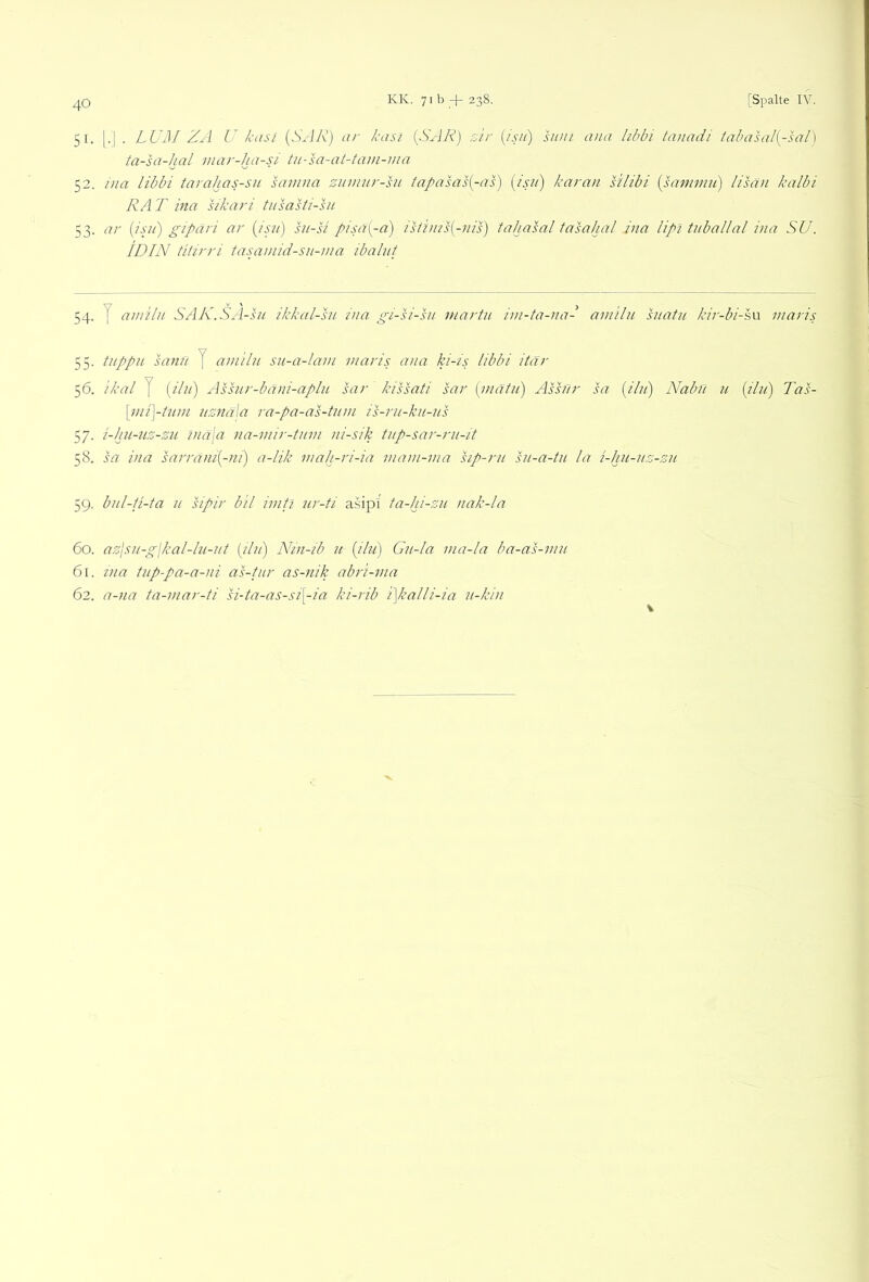 51. |.| . LUjSI Z^i U kasl {SAR) ai- kasi {SAR) ,zir {i.Ui) suni aua hbbi tajiadi tabasal{-sal) ta-sa-hal mar-ha-si tii-sa-at-tam-ina 52. ina libbi tarahas-su samna zitmur-sn tapasas{-as) {isii) karan silibi {hmimu) lisän kalbi RA T ina sikari ttisasti-sn 53. ar {ipi) gipari ar {isn) sii-li pisä{-d) istims{-nis) tahasal tasahal ina lipl tuballal ina SU. WIN tiiirri tasamid-su-ina ibaliit 54. y aniilu SAK.SA-hi ikkal-hi ina gi-si-hi martu im-ta-na- amiln snatu kir-bi-su maris 55. tnppn sann J amiln sn-a-lam maris ana ki-is libbi itär 56. ikal y {iln) Ass2ir-baui-aplu sar kissati sar [niatii) Ashlr sa (////) Nabu n {iln) Tas- \mi\-tinn nznala ra-pa-as-tum is-ni-kn-ns 57. i-hu-uz-zu ina\a na-mi)--tiiin ni-sik tnp-sar-rii-it 58. sa ina sarram{-ni) a-lik mah-ri-ia mam-ma hp-ni hi-a-tu la i-hu-nz-zn 59. bid-H-ta n sipir bil imti nr-ti asipl ta-hi-zu nak-la 60. azisn-gjkal-hi-ut phi) Nin-ib u {ilii) Gu-la ma-la ba-as-mn 61. ma tup-pa-a-ni as-tur as-nik abri-ma 62. a-na ta-mar-ti si-ta-as-si[-ia ki-rib i]kalli-ia n-kin