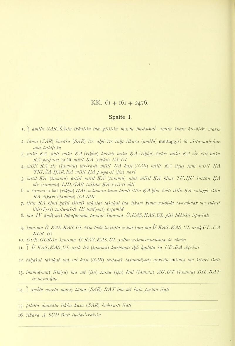 Spalte I, 1. y amlln SAK.SA-hi ikkal-sn ina gi-si-su mar tu im-ta-na- amilu hiatu kir-bi-h\x maris 2. hlnia {SAR) karäsa {SAR) str alpi hr saht sikara {amilu) muttaggisi lä us-ta-mah-har aua baläti-su 3. uiisil KA sihli misil KA {rikku) burasi misil KA {rikku) kukri misil KA zir kitl misil KA pa-pa-si husli misil KA {rikku) IM.DI 4. misil KA zir {sauumi) tar-ra-ti misil KA kasl {SAR) misil KA {isu) hini misil KA TIG.SA.HAR.RA misil KA pa-pa-si {ilu) näri 5. misil KA {samuui) a-si-i misil KA {sammu) niiü misil KA kimi TU.HU sussdn KA zir (samimi) LID. GAB sussän KA i-ris-ti ikli 6. u samna a-kal {rikku) HAL u samnu siuni tämti istiu KA kirn kibti istin KA suluppi istiu KA sikari {sammu) SA.SIK 7. istin KA kimi hasli istinis tahasal tasahal ina sikari klma ra-bi-ki ta-rab-bak ina subati titirri{-ri) su-lu-us-ti IX umi{-mi) tasamid 8. i)ia IV ümi{-mi) tapatai'-n'ia ta-mar sum-ma Ü.KAS.KAS.UL pisi libbi-su i-pa-sah 9. sum-ma U.KAS.KAS. UL sam libbi-su isata u-kal sum-ma U.KAS.KAS. UL aruk UD.DA KUR ID 10. GUR. GUR-SU sum-ma U.KAS.KAS. UL salim u-sam-ra-su-ma lä ibalut 11. T U.KAS.KAS. UL arik li-i {samimi) kurbanni ikli kaduta sa UD.DA d\ti-kat 12. tahasal tasahal ina mi kasl {SAR) ta-la-as tasamid{-id) arki-su V\d-ni-i ina sikari isati 13. inuma{-ma) istil{-ii) ina mi {isii) su-nu {isu) Inni {samimi) AG.UT {sammu) DIL.BAT ir-ta-na-has 14. y amilu marta maris süma {SAR) RAT ina mi balu pa-tan isati 15. tabäta dannata sikka kasa {SAR) kab-ru-ti isati 16. sikara A SUD isati tu-saS-ras-su