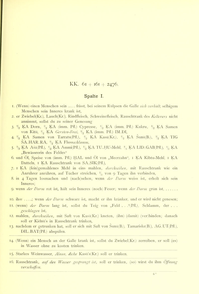 Spalte I. 1. (Wenn) einen Menschen sein frisst, bei seinem Rülpsen die Galle steh verhält, selbigem Menschen sein Inneres krank ist, 2. er Zvviebel(Kr.l, Lauch(Kr.), Rindfleisch, Schweinefleisch, Rauschtrank des Kelterers nicht annimmt, sollst du zu seiner Genesung 3. V2 KA Dorn, '/, KA (imm. Pfl.) Cypresse, V2 (imm. Pfl.) Kukru, '/2 Samen von Kitü, V'2 KA Gersten-Brei, 'j.-, KA (imm. Pfl) IM.DI, 4. 'I2 KA Samen von Tarratu(Pfl.), KA KasüfKr.), fb KA Sunü(B.), ‘I2 KA TIG SA.HAR.RA, V2 InA Y\\.\?,s,schiamm, 5. '/2 KA AsütPfl.), 'I2 KA Ammi(Pfl.), KA TU.HU-Mehl, KA LID.GAIlPfl.), '/., KA „Bewässrerin des Feldes“ 6. und 01, Speise von (imm. Pfl.) HAL und 01 von „Meerzahn“, i KA Kibtu-Mehl, i KA Datteln, i KA Rauschtrank von SA.SIK(Pfl.), 7. I KA (fein)gemahlenes Mehl in eins mahlen, durchseihen, mit Rauschtrank wie ein Anrührer anrühren, auf Tücher streichen, V3 von 9 Tagen ihn verbinden, 8. in 4 Tagen losmachen und (nach)sehen, wenn der Darm weiss ist, erholt sich sein Inneres; 9. wenn der Dann rot ist, halt sein Inneres (noch) Feuer; wenn der Darm grün ist, 10. \h.m . . . .; wenn der Darm schwarz ist, macht er ihn kränker, und er wird nicht genesen; 11. (wenn) der Darm lang ist, sollst du Teig von „Feld . . .“(Pfl.), Schlamm, der . . . geschlagen ist, 12. mahlen, diirchseihen, mit Saft von Kasü(Kr.) kneten, (ihn) (damit) (ver)binden; danach soll er Kidnü’s in Rauschtrank trinken, 13. nachdem er getrunken hat, soll ersieh mit Saft von Sunü(B.), Tamariske(B.), AG.UT(Pfl.), DIL.BAT(Pfl.) abspülen. 14. (Wenn) ein Mensch an der Galle krank ist, sollst du Zwiebel Kr.) zerreiben, er soll (es) in Wasser ohne zu kosten trinken. 15. Starkes Weinwasser, Alaun, dicke Kasü’s(Kr.) soll er trinken. 16. Rauschtrank, auf den Wasser gesprengt ist, soll er trinken, (so) wirst du ihm Öffnung verschaffen. 6*