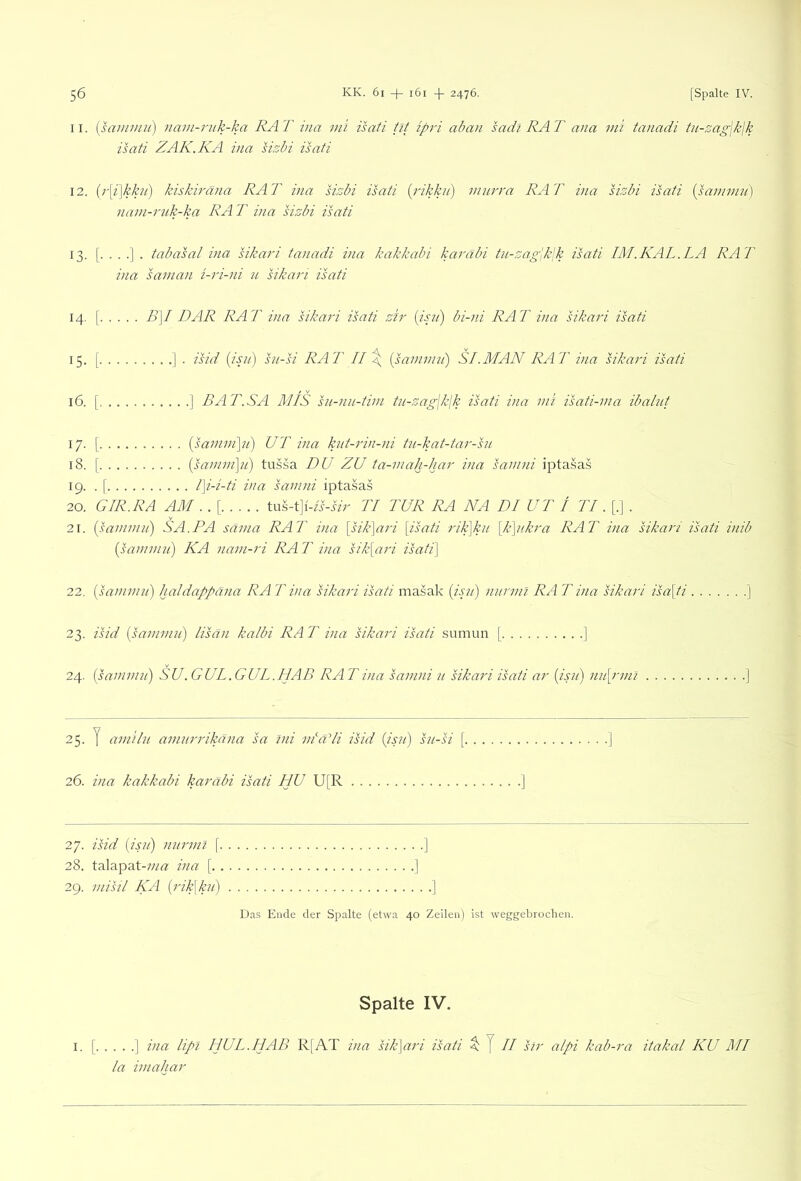 II. {sammii) nam-nik-ka RAT ina m'i isati tit ipri aban sadl RAT ana m'i tanadi tu-zag\kjk isati ZAK.KA ina sizbi isati 12. {r[i]kku) kiskirana RAT ina sizbi isati [rikkn) innrra RAT ina sizbi isati [sannnn) nam-rtik-ka RA T ina sizbi isati 13. [....]. tabasal ina sikari tanadi ina kakkabi karabi tn-zag\k\k isati IM.KAL.I^A RAT ina sanian i-ri-JÜ sikari isati 14. 1 B]I DAR RAT ina sikari isati zir (isji) bi-ni RAT ina sikari isati 15. [ I . isid (isn) sn-si RAT II \ {sannnn) SI.MAN RAT ina sikari isati 16. [, BAT.SA MIS su-nn-tini tn-zagjkjk isati ina mi isati-nia ibalnt 17. [ {sanini\n) UT ina knt-rin-ni tn-kat-tar-sn 18. [ {sammln) tussa DU ZU ta-niah-har ina sainni ipta.sas 19. . [ l\i-i-ti ina sanini iptasas 20. GIR.RA AM . . [ tus-t]i'-/i-i/r TI TUR RA NA DI UT t TI. [.] . 21. {sannnn) SA.RA sänia RAT ina \sik]ari [isati rik\kn [}c\nkra RAT ina sikari isati inib {sannnn) KA nani-ri RAT ina sik[ari isati] 22. {sannnn) haldappäna RA T ina sikari isati masak {isjt) nnrnii RA T ina sikari isa\ti ] 23. isid {sannnn) lisän kalbi RA T ina sikari isati sumun [ ] 24. {sannnn) SU. GUT.GUI. HAB RAT ina sanini n sikari isati ar {isn) nn[rnn ] 25. y amiln aninrrikana sa ini niadi isid {isn) sn-si \ ] 26. ina kakkabi karäbi isati HU U[R ] 27. isid {isn) nnrnii [ ] 28. talapat-wrt! ina [ ] 29. niisil KA {rik\kn) ] Das Ende der Spalte (etwa 40 Zeilen) ist weggebroclien. Spalte IV. I. [ ] ina lipi HUL.HAB R[AT ina sik\ari isati ^ J // Dir alpi kab-ra itakal KU MI la iniahar