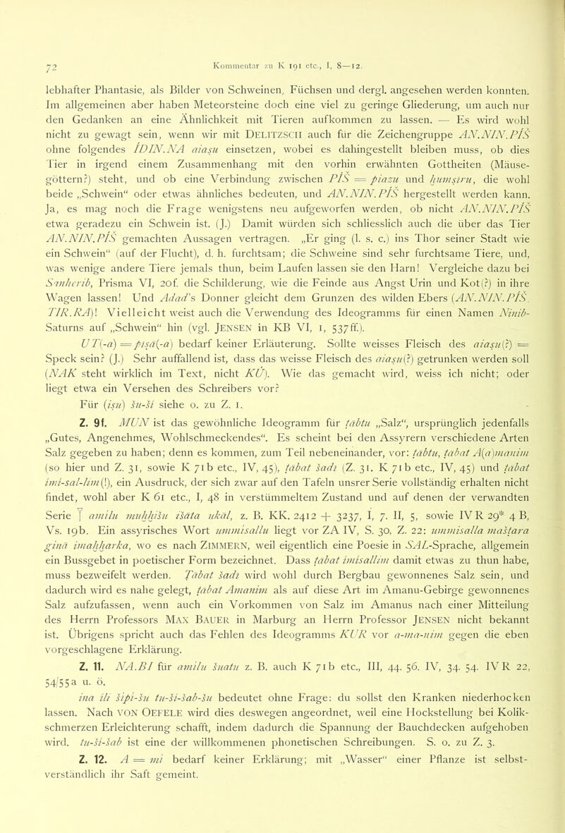 lebhafter Phantasie, als Bilder von Schweinen, Füchsen und dergl, angesehen werden konnten. Im allgemeinen aber haben Meteorsteine doch eine viel zu geringe Gliederung, um auch mü- den Gedanken an eine Ähnlichkeit mit Tieren aufkommen zu lassen. — Es wird wohl nicht zu gewagt sein, wenn wir mit Delitz.SCII auch für die Zeichengruppe AN.NIN.PIS ohne folgendes WIN.NA aiam einsetzen, wobei es dahingestellt bleiben muss, ob dies 'l'ier in irgend einem Zusammenhang mit den vorhin erwähnten Gottheiten (Mäuse- göttern .^) steht, und ob eine Verbindung zwischen PIS = piazu und hiimsvu, die wohl beide „Schwein“ oder etwas ähnliches bedeuten, und AN.NIN.PIS hergestellt werden kann. Ja, es mag noch die Frage wenigstens neu aufgeworfen werden, ob nicht AN.NIN.PIS etwa geradezu ein Schwein ist. (J.) Damit würden sich schliesslich auch die über das Tier AN.NIN.PIS gemachten Aussagen vertragen. „Er ging (1. s. c.) ins Thor seiner Stadt wie ein Schwein“ (auf der Flucht), d. h. furchtsam; die Schweine sind sehr furchtsame Tiere, und, was wenige andere Tiere jemals thun, beim Laufen lassen sie den Harn! Vergleiche dazu bei S'rnherib, Prisma VI, 2of. die Schilderung, wie die Feinde aus Angst Urin und Kot(.?) in ihre Wagen lassen! Und Adad's Donner gleicht dem Grunzen des wilden Ebers [AN.NIN.PIS, TIR.RA)\ Vielleicht weist auch die Verwendung des Ideogramms für einen Namen Ninib- Saturns auf „Schwein“ hin (vgl. Jensen in KB VI, i, 537ff.). UT[-d) = pjsß[-a) bedarf keiner Erläuterung. Sollte weisses Fleisch des aiasult) = Speck sein.? (J.) Sehr auffallend ist, dass das weisse Fleisch des aiasiii^.) getrunken werden soll [NAK steht wirklich im Text, nicht KU). Wie das gemacht wird, weiss ich nicht; oder liegt etwa ein Versehen des Schreibers vor.? Für [isii) hi-si siehe o. zu Z. i. Z. 9f. MUN ist das gewöhnliche Ideogramm für tabtu „Salz“, ursprünglich jedenfalls „Gutes, Angenehmes, Wohlschmeckendes“. Es scheint bei den Assyrern verschiedene Arten Salz gegeben zu haben; denn es kommen, zum Teil nebeneinander, vor: täbtu, täbat A[a)manim (so hier und Z. 31, sowie K 71b etc., IV, 45), täbat sadi (Z. 31. K 71b etc., IV, 45) und tabat inn-sal-hinip), ein Ausdruck, der sich zwar auf den Tafeln unsrer Serie vollständig erhalten nicht findet, wohl aber K 61 etc., I, 48 in verstümmeltem Zustand und auf denen der verwandten Serie J ainilu muhhihi isäta nkäl, z. B. KK. 2412 -j- 3237, I, 7. II, 5, sowie IVR29* 4 B, Vs. 19b. Ein assyrisches Wort umniisallu liegt vor ZA IV, S. 30, Z. 22: iimmisalla mastara ginä imah/jarka, wo es nach ZiMMERN, weil eigentlich eine Poesie in VAZl-Sprache, allgemein ein Bussgebet in poetischer Form bezeichnet. Dass tabat iinisalliin damit etwas zu thun habe, muss bezweifelt werden. Täbat sadi wird wohl durch Bergbau gewonnenes Salz sein, und dadurch wird es nahe gelegt, tßbat Amanini als auf diese Art im Amanu-Gebirge gewonnenes Salz aufzufassen, wenn auch ein Vorkommen von Salz im Amanus nach einer Mitteilung des Herrn Professors Max Bauer in Marburg an Herrn Professor jENSEN nicht bekannt ist. Übrigens spricht auch das Fehlen des Ideogramms KUR vor a-ma-nim gegen die eben vorgeschlagene Erklärung. Z. 11. NA.BI für am 'ilu suatu z. B. auch K 71b etc., III, 44. 56. IV, 34. 54. IV R 22, 54/55 a u. ö. iiia ili Pipi-hi tu-si-sab-su bedeutet ohne Frage: du sollst den Kranken niederhocken lassen. Nach VON Oefele wird dies deswegen angeordnet, weil eine Hockstellung bei Kolik- schmerzen Erleichterung schafft, indem dadurch die Spannung der Bauchdecken aufgehoben wird. tu-U-sab ist eine der willkommenen phonetischen Schreibungen. S. o. zu Z. 3. Z. 12. A = ml bedarf keiner Erklärung; mit „Wasser“ einer Pflanze ist selbst- verständlich ihr Saft gemeint.