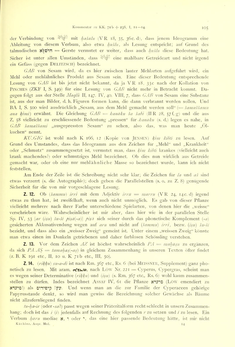 Kommentar /■u KK. yib-f-aßS, I, ll —14. der Verbindung- von mit hasaln (V R 18, 35. 36c. d), dass jenem Ideogramm eine Ableitung von diesem Verbum, also etwa hiislii, als Lesung entspricht; auf Grund des talmudischen = Gerste vermutet er weiter, dass aucli huslu diese Bedeutung hat. Sicher ist unter allen Umständen, dass eine mahlbare Getreideart und nicht irgend ein Gefäss (gegen Delitzscij) bezeichnet. (tAB von .Sesam wird, da es hier zwischen lauter Mehlarten aufgeführt wird, ein Mehl oder mehlähnliches Produkt aus Sesam sein. Eine dieser Bedeutung entsprechende Lesung von GAB ist bis jetzt nicht bekannt, da ja VR i8, 33c nach der Kollation von PiNCHE.s (ZKP' I, S. 349) für eine Lesung \'on GAB nicht mehr in Betracht kommt. Da- gegen folgt aus der Stelle II, 147. IV, 40. VIII, 7, dass GAB von Sesam eine .Substanz ist, aus der man Bilder, d. h. Pdguren formen kann, die dann verbrannt werden sollen. Luid BA I, S. 500 wird ausdrücklich „Sesam, aus dem Mehl gemacht werden soll“ {= samaUamu ivia kimi) erwähnt. Die Gleichung GAB —^ kanäkn sa sabi (HR 28, 57 h g) und die aus Z. 58 vielleicht zu erschliessende Bedeutung „pressen“ i\\x kanaku (s. d.) legen es nahe, in GAB samassami „ausgepressten .Sesam“ zu sehen, also das, was man heute „Öl- kuchen“ nennt. KU. GIG ist wohl nach K 166, 12 (Kopie von Jen.sex) k'nu kibii zu lesen. Auf Grund des Umstandes, dass das Ideogramm aus den Zeichen für „Mehl“ und „Krankheit“ oder „.Schmutz“ zusammengesetzt ist, vermutet man, dass khu kibti krankes (vielleicht auch krank machendes .p oder schmutziges Mehl bezeichnet. Ob dies nun wirklich aus Getreide gemacht war, oder ob eine nur mehl ähnliche Masse so bezeichnet wurde, kann ich nicht feststellen. Am Ende der Zeile ist die Schreibung nicht sehr klar; die Zeichen für la und as sind etwas verzerrt (s. die Autographie); doch geben die Parallelstellen (s. o. zu Z. 8) genügende Sicherheit für die von mir vorgeschlagene Lesung. Z. 12. Ob [sammu) irri mit dem Adjektiv iiTfi — marnt (V R 24, 14c. d) irgend etwas zu thun hat, ist zweifelhaft, wenn auch nicht unmöglich. Es gab von dieser Pflanze vielleicht mehrere nach ihrer Farbe unterschiedene Spielarten, von denen hier die „weisse“ verschrieben wäre. Wahrscheinlicher ist mir aber, dass hier wie in der parallelen Stelle Sp. IV, 53 [ar [isii) Gi-si pisä{-a)] pisä sich seiner durch das phonetische Komplement (^-a) gesicherten Akkusativendung wegen auf ani und nicht auf {sammu) irri, bezw. (A//) su-si bezieht, und dass also ein „weisser Zweig“ gemeint ist. Unter einem ,,weissen Zweig“ könnte man etwa einen im Dunkeln getriebenen und daher farblosen .Schössling verstehen. Z. 13. Vor dem Zeichen kiZ ist höchst wahrscheinlich PA = mahäsu zu ergänzen, da sich PA.AS = tamalias{-as) in gleichem Zusammenhang in unseren Texten öfter findet (z. B. K 191 etc., II, IO u. K 71b etc., III, 50). Z. 14. {rikku) su-a -di ist nach Rm. 367 etc., Rs. 6 (bei Meis.sner, Supplement) ganz pho- netisch zu lesen. Mit aram. r^:%^Do, nach Löw Nr. 22 i = Cyperus, Cj'pergras, scheint man es wegen seiner Determinative (riHu/} und {isui (s. Rm. 367 etc., Rs. 6) wohl kaum zusammen- stellen zu dürfen. Indes bezeichnet As.SAF IV, 61 die Pflanze Xiyio (Löw emendiert zu 5<n3!''D!) als D'T'S'’p Lhad wenn man an die zur Familie der Cyperaceen gehörige Papyrusstaude denkt, so wird man gewiss die Bezeichnung solcher Gewächse als Bäume nicht allzufernliegend finden. tu-ha-ir (oder-ver.?) passt wegen seiner Präteritalform recht schlecht in unsern Zusammen- hang; doch ist das i (/) jedenfalls auf Rechnung des folgenden r zu setzen und / zu lesen. Ein Verbum lu^ni mediae st, “1 oder das eine hier passende Bedeutung hätte, ist mir nicht Küchle r, Assyr. Med. I4