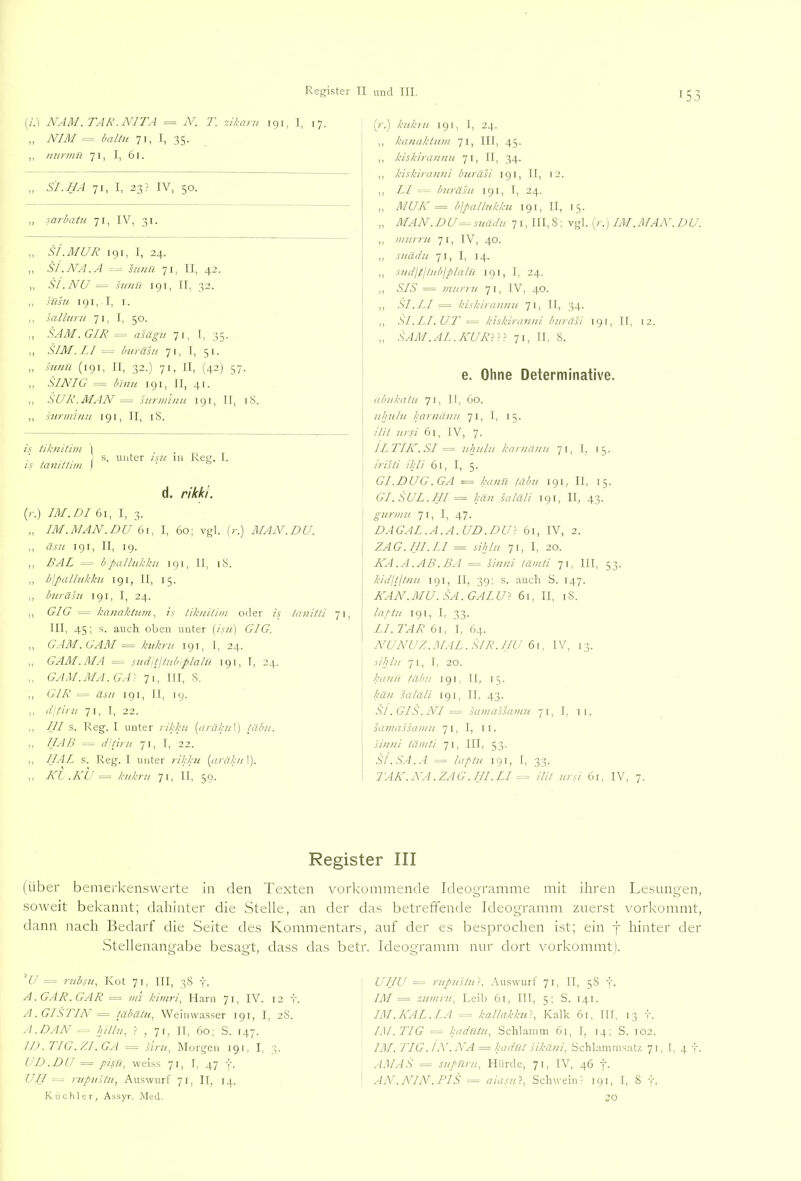 '53 (/.I NAM. TAR. AUTA = N'. T. zikaru 191, I, 17, ,, NIM haitu 71, I, 35. ,, inirmit 71, I, 6r. „ SI.HA 71, I, 23? IV, 50. ,, sarbatu 71, IV, 31. „ Si.MUR 191, I, 24. ,, S/.NA.A s/tuü 71, II, 42. „ Sl.NU siinfi 191, II, 32. ,, insu 191,1, I. ,, salhinc 71, I, 50. ,, SAM. GlR — asägu 71, I, 35. ,, SlM.Ll ^ hiträsu 71, 1, 51. „ .hmu (191, II, 32.) 71, II, (42) 57. ,, .SINIG = bl nie 191, II, 41. „ SUR. MAN — sunnlnu 19 r, II, i!3. ,, 'surimnn 191, II, iS. is tibnitim ] /,f tanitiim I s. unter isu in Reg. I. d. rikki. (r.) IM. DI 61, I, 3. „ IM.MAN.DU I, 60; vgl. (r.) MAN. DU. ,, äsu 191, II, 19. ,, BAL bpalliikkii 191, II, 18. „ blpallukku 191, II, 15, ,, buräsii 191, I, 24. ,, GIG — kanaklum, is tiknitim oder is iauitli 71, III, 45; s. auch oben unter {isu] GIG. ,, G.4M.GAM = kukru 191, 1, 24. „ GAM.M.4 — suditltubiplalü 19t, I, 24. GAM.MA.GA': 71, 111, S. ,, GIR = .; äsu 191, II, 19. ,, il'tiru 71, I, 22. ,, IJI s. Reg. I unter ilkku {aräku\] tabu. ,, [JAB -- djtiru 71, I, 22. ,, IJAL s. Reg. I unter rikku [aräku !). ,, KL .KU = kukru 71, II, 59. (r.) kukiu igi, 1, 24. ,, hanaktum 71, III, 45. ,, kiskirannu 7t, II, 34. ,, kiskiranni buräsi igi, II, 12. ,, LI buräsu 19 (, I, 24. ,, MUK = bjpaHukkn 191, II, 15. „ MAN. DU suUdu 71,111,8; vgl, (r.) IM. M.4N. DU. ,, murru 71, IV, 40. „ suädu 71, I, 14. ,, sudjtltubjplaln 191, 1, 24. ,, SIS — murru 71, IV, 40. ,, SI.LI = kiskirannu 71, 11, 34. ,, SI.LI.UT = kiskiranni buräsi igi, 11, 12. „ SAM.AL.KUIUU. 71, 11, 8. e. Ohne Determinative. abukatu 7t, II, 60. uhuhi kariiänu 71, 1, 15. ilil ursi 61, IV, 7. ILTIK.SI = uhulu karnanu 71, I, 15. iristi ikli 61, I, 5. GI.DUG.GA = kann tabu 191, II, 15. Gl. SUL.III = kän saläli 191, II, 43. gurmu 7t, I, 47. DAGAL.A.A.UD.DUi 61, IV, 2. ZAG. HI. LI = sihlu 71, I, 20. KA.A.AB.B.I = sinni täinti 71, III, 53. kiditjtnu igi, II, 39; s. auch S. 147. KAN.MU.SA.GALU} 61, II, 18. lattu igi, I, 33. LI. TAR 61, I, 64. NUNUZ.MAL.SIR.IJU (n. IV, 13. sihlu 71, 1, 20. kann tabu 191, 11, 15. kan Saläli 191, II, 43. Sl. GIS. jVi — Samassamu 71, I, ii. sainassamu 71, I, ii. sinni täinti 71, III, 53. S/.S.4..4 = laptu 191, I, 33. IAA'. AA.ZAG.III.LI UH ursi 61, IV, 7. Register III (über bemerkenswerte in den Texten vorkommende Ideogramme mit ihren Lesungen, soweit bekannt; dahinter die Stelle, an der das betreffende Ideogramm zuerst vorkommt, dann nach Bedarf die Seite des Kommentars, auf der es besprochen ist; ein f hinter der Stellenangabe besagt, dass das betr. Ideogramm nur dort vorkommt). T/ = rubsu, Kot 71, III, 38 -f. A.G.4R.GAR — iin kiinm\ Harn 71, IV. 12 y. A.GISTIA^ = täbäiu, Weinwasser 191, I, 28. A.D.IA^ hillu, ? , 71, II, 60; S. 147. ID .TI G./,[. G.rl = siru, hlorgen 191, I, 3. UD.DU - - pisu, weiss 71, I, 47 -j-, IUI rupustu, Auswurf 71, II, 14. Küchler, Assyr. IVIecl. LUIU = rupustu}, Auswurf 71, II, 58 y. IM = zumru, Leib 61, III, 5; S. 141. IM .KAL. LA kallakku}, Kalk 61, III, 13 v. l.M.TIG — kadntu, Schlamm 61, 1, 14; S. 102. IM. IIG. lA^.A'A = kadnt sikäni, Schlammsatz 71, I, 4 y AM.4S = supnru, Hürde, 71, IV, 46 f. AA^.NIA^.PIS = aiasu}, Schweinr 191, 1, 8 y. zo