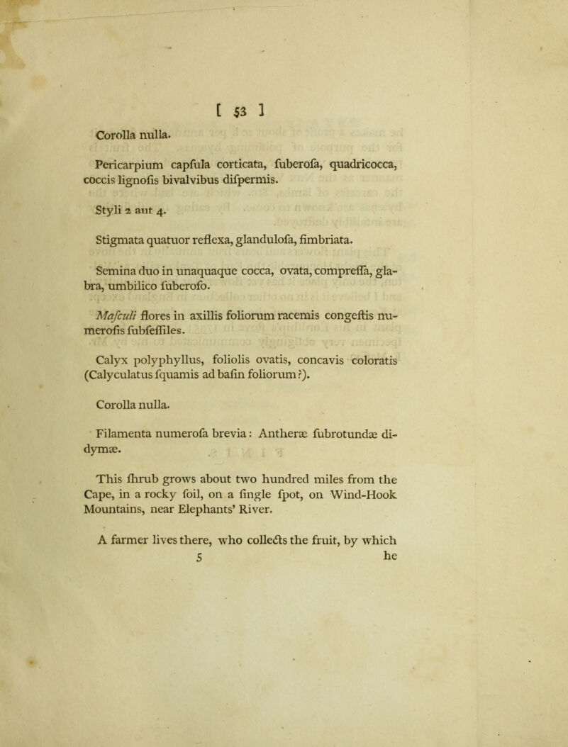 Corolla nulla. Pericarpium capfula corticata, fuberofa, quadricocca, coccis lignofis bivalvibus difpermis. Styli i ant 4. Stigmata quatuor reflexa, glandulofa, fimbriata. Semina duo in unaquaque cocca, ovata, comprefla, gla- bra, umbilico fuberofo. Mafculi flores in axillis foliorum racemis congeftis nu- merous fubfeffiles. Calyx polyphyllus, foliolis ovatis, concavis coloratis (Calyculatus fquamis ad bafin foliorum ?). Corolla nulla. Filamenta numerofa brevia: Antherae fubrotundae di- dymae. This ihrub grows about two hundred miles from the Cape, in a rocky foil, on a fingle fpot, on Wind-Hook Mountains, near Elephants’ River. A farmer lives there, who colle&s the fruit, by which 5 be