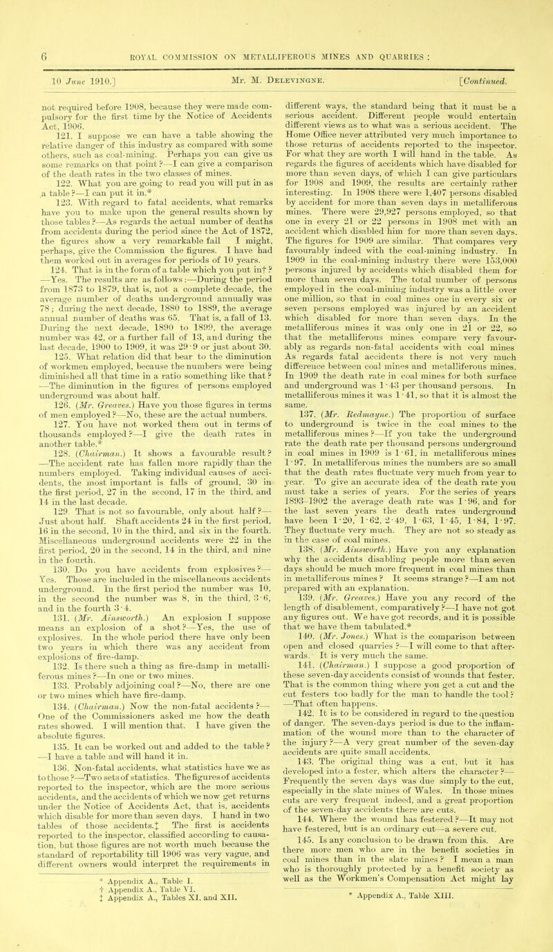 10 June 1910.1 Mr. M. Delevingne. [Continued. not required before 1908, because they were made com- pulsory for the first time by the Notice of Accidents Act, 1906. 121. I suppose we can have a table showing the relative danger of this industry as compared with some others, such as coal-mining. Perhaps you can give us some remarks on that point ?—I can give a comparison of the death rates in the two classes of mines. 122. What you are going to read you will put in as a table ?—I can put it in.* 123. With regard to fatal accidents, what remarks have you to make upon the general results shown by those tables ?—As regards the actual number of deaths from accidents during the period since the Act of 1872, the figures show a very remarkable fall I might, perhaps, give the Commission the figures. I have had them worked out in averages for periods of 10 years. 124. That is in the form of a table which you put inf ? —Yes. The results are as follows :—-During the period from 1873 to 1879, that is, not a complete decade, the average number of deaths underground annually was 78 ; during the next decade, 1880 to 1889, the average annual number of deaths was 65. That is, a fall of 13. During the next decade, 1890 to 1899, the average number was 42, or a further fall of 13, and during the last decade, 1900 to 1909, it was 29-9 or just about 30. 125. What relation did that bear to the diminution of workmen employed, because the numbers were being diminished all that tune in a ratio something like that ? —The diminution in the figures of persons employed underground was about half. 126. (Mr. Greaves.) Have you those figures in terms of men employed ?—No, these are the actual numbers. 127. You have not worked them out in terms of thousands employed ?—I give the death rates in another table.* 128. (Chairman.) It shows a favourable result? —The accident rate has fallen more rapidly than the numbers employed. Taking individual causes of acci- dents, the most important is falls of ground, 30 in the first pei-iod, 27 in the second, 17 in the third, and 14 in the last decade. 129. That is not so favourable, only about half ?— Just about half. Shaft accidents 24 in the first period, 16 in the second, 10 in the third, and six in the fourth. Miscellaneous underground accidents were 22 in the first period, 20 in the second, 14 in the third, and nine in the fourth. 130. Do you have accidents from explosives ?— Yes. Those are included in the miscellaneous accidents underground. In the first period the number was 10, in the second the number was 8, in the third, 3 6, and in the fourth 3 ■ 4. 131. (Mr. Ainsworth.) An explosion I suppose means an explosion of a shot ?—Yes, the use of explosives. In the whole period there have only been two years in which there was any accident from explosions of fire-damp. 132. Is there such a thing as fire-damp in metalli- ferous mines ?—In one or two mines. 133. Probably adjoining coal ?—No, there are one or two mines which have fire-damp. 134. (Chairman.) Now the non-fatal accidents ?— One of the Commissioners asked me how the death rates showed. I will mention that. I have given the absolute figm-es. 135. It can be worked out and added to the table? —I have a table and will hand it in. 136. Non-fatal accidents, what statistics have we as to those ?—Two setsof statistics. Thefiguresof accidents reported to the inspector, which are the more serious accidents, and the accidents of which we now get returns under the Notice of Accidents Act, that is, accidents which disable for more than seven days. I hand in two tables of those accidents.£ The first is accidents reported to the inspector, classified according to causa- tion, but those figures are not worth much because the standard of reportability till 1906 was very vague, and different owners would interpret the requirements in * Appendix A., Table I. t Appendix A., Table VI. \ Appendix A., Tables XI. and XII. different ways, the standard being that it must be a serious accident. Different people would entertain different views as to what was a serious accident. The Home Office never attributed very much importance to those returns of accidents reported to the inspector. For what they are worth I will hand in the table. As regards the figures of accidents which have disabled for more thau seven days, of which I can give particulars for 1908 and 1909, the results are certainly rather interesting. In 1908 there were 1,407 persons disabled by accident for more than seven days in metalliferous mines. There were 29,927 persons employed, so that one in every 21 or 22 persons in 1908 met with an accident which disabled him for more than seven days. The figures for 1909 are similar. That compares very favourably indeed with the coal-mining industry. In 1909 in the coal-mining industry there were 153,000 persons injured by accidents which disabled them for more than seven days. The total number of persons employed in the coal-mining industry was a little over one million, so that in coal mines one in every six or seven persons employed was injured by an accident which disabled for more than seven days. In the metalliferous mines it was only one in 21 or 22, so that the metalliferous mines compare very favour- ably as regards non-fatal accidents with coal mines As regards fatal accidents there is not very much difference between coal mines and metalliferous mines. In 1909 the death rate in coal mines for both surface and underground was 1 • 43 per thousand persons. In metalliferous mines it was 1'41, so that it is almost the same. 137. (Mr. Redmayne.) The proportion of surface to underground is twice in the coal mines to the metalliferous mines ?—If you take the underground rate the death rate per thousand persons underground in coal mines in 1909 is 1’61, in metalliferous mines 1'97. In metalliferous mines the numbers are so small that the death rates fluctuate very much from year to year. To give an accurate idea of the death rate you must take a series of years. For the series of years 1893-1902 the average death rate was 1 ■ 96, and for the last seven years the death rates undergroimd have been l-20, l-62, 2’49, l-63, l-45, l-84, l-97. They fluctuate very much. They are not so steady as in the case of coal mines. 138. (Mr. Ainsworth.) Have you any explanation why the accidents disabling people more than seven days should be much more frequent in coal mines than in metalliferous mines ? It seems strange ?—I am not prepared with an explanation. 139. (Mr. Greaves.) Have you any record of the length of disablement, comparatively ?—I have not got any figures out. We have got records, and it is possible that we have them tabulated.* 140. (Mr. Jones.) What is the comparison between open and closed quarries ?—I will come to that after- wards. It is very much the same. 141. (Chairman.) I suppose a good proportion of these seven-day accidents consist of wounds that fester. That is the common thing where you get a cut and the cut festers too badly for the man to handle the tool ? —That often happens. 142. It is to be considered in regard to the question of danger. The seven-days period is due to the inflam- mation of the wound more than to the character of the injury ?—A very great number of the seven-day accidents are quite small accidents. 143. The original thing was a cut, but it has developed into a fester, which alters the character ?— Frequently the seven days was due simply to the cut, especially in the slate mines of Wales. In those mines cuts are very frequent indeed, and a great proportion of the seven-day accidents there are cuts. 144. Where the wound has festered ?—It may not have festered, but is an ordinary cut—a severe cut. 145. Is any conclusion to be drawn from this. Are there more men who are in the benefit societies in coal mines than in the slate mines ? I mean a man who is thoroughly protected by a benefit society as well as the Workmen’s Condensation Act might lay