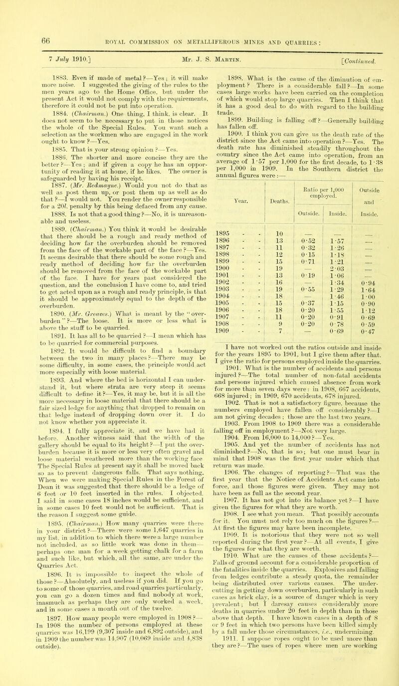 7 July 1910.] Mr. J. S 1883. Even if made of metal ?—Yes ; it will make more noise. I suggested the giving of the rules to the men years ago to the Home Office, hut under the present Act it would not comply with the requirements, therefore it could not be put into operation. 1884. (Chairman) One thing, I think, is clear. It does not seem to be necessary to put in those notices the whole of the Special Rides. You want such a selection as the workmen who are engaged in the work ought to know ?—Yes. 1885. That is your strong opinion ?—Yes. 1886. The shorter and more concise they are the better ?—Yes ; and if given a copy he has an oppor- tunity of reading it at home, if he likes. The owner is safeguarded by having his receipt. 1887. (Mr. Redmayne.) Would you not do that as well as post them up, or post them up as well as do that ?—I would not. You render the owner responsible for a 201. penalty by this being defaced from any cause. 1888. Is not that a good thing ?—Ho, it is unreason- able and useless. 1889. (Chairman.) You think it would be desirable that there should be a rough and ready method of deciding how far the overburden should be removed from the face of the workable part of the face ?—Yes. It seems desirable that there should be some rough and ready method of deciding how far the overburden should be removed from the face of the workable part of the face. I have for years past considered the question, and the conclusion I have come to, and tried to get acted upon as a rough and ready principle, is that it should be approximately equal to the depth of the overburden. 1890. (Mr. Greaves.) What, is meant by the “ over- burden ” ?—The loose. It is more or less what is above the stuff to be quarried. 1891. It has all to be quarried ?—I mean which has to be quarried for commercial purposes. 1892. It would be difficult to find a boundary between the two in many places P—There may be some difficulty, in some cases, the principle would act more especially with loose material. 1893. And where the bed is horizontal I can under- stand it, but where strata are very steep it seems difficult, to define it ?—Yes, it may be, but it is all the more necessary in loose material that there should be a fair sized ledge for anything that dropped to remain on that ledge instead of dropping down over it. I do not know whether you appreciate it. 1894. I fully appreciate it, and we have had it before. Another witness said that the width of the gallery should be equal to its height ?—I put the over- burden because it is more or less very often gravel and loose material weathered more than the working face The Special Rules at present say it shall be moved back so as to pi-event dangerous falls. That says nothing. When we were making Special Rules in the Forest of Dean it was suggested that there should be a ledge of 6 feet or 10 feet inserted in the rales. I objected. I said in some cases 18 inches would be sufficient, and in some cases 10 feet would not be sufficient. That is the reason I suggest some guide. 1895. (Chairman.) How many quarries were there in your district ?—There were some 1,647 quarries in my list, in addition to which there were a large number not included, as so little work was done in them— perhaps one man for a week getting chalk for a farm and such like, but which, all the same, are under the Quarries Act. 1896. It is impossible to inspect the whole of those ?—Absolutely, and useless if you did. If you go to some of those quarries, and road quarries particularly, you can go a dozen times and find nobody at work, inasmuch as perhaps they are only worked a week, and in some cases a month out of the twelve. 1897. How many people were employed in 1908 ?— In 1908 the number of persons employed at these quarries was 16,199 (9,307 inside and 6,892 outside), and in 1909 the number was 14,907 (10,069 inside and 4,838 outside). Martin. [Continued. 1898. What is the cause of the diminution of em- ployment P There is a considerable fall ?—In some cases large works have been carried on the completion of which would stop large quarries. Then I think that it has a good deal to do with regard to the building- trade. 1899. Building is falling off P—Generally building has fallen off. 1900. I think you can give us the death rate of the district since the Act came into operation ?—Yes. The death rate has diminished steadily throughout the country since the Act came into operation, from an average of 1 57 per 1.000 for the first decade, to 1-38 per 1,000 in 1909. In the Southern district the annual figures were :— Year. Deaths. Ratio per 1,000 employed. Outside, j Inside. Outside and Inside. 1895 10 1896 - - 13 0-52 1-57 1897 - - 11 0-32 1-26 1898 - - 12 0-15 1-18 1899 - - 15 0-71 1-21 1900 - - 19 2 03 1901 - - 13 0-19 1-06 1902 - - 16 1-34 0-94 1903 - - 19 0-55 1-29 1-64 1904 - - 18 — 1-46 1-00 1905 - - 15 0-37 1-15 0-90 1906 - - 18 0-20 1-55 112 1907 - - 11 0-20 0-91 0-69 1908 - - 9 0-20 0-78 0-59 1909  7 — 0-69 0-47 I have not worked out the ratios outside and inside for the years 1895 to 1901, but I give them after that. I give the ratio for persons employed inside the quarries. 1901. What is the number of accidents and persons injured ?—The total number of non-fatal accidents and persons injured which caused absence from work for more than seven days were: in 1908, 667 accidents, 668 injured; in 1909, 670 accidents, 678 injured. 1902. That is not a satisfactory figure, because the numbers employed have fallen off considerably ?—I am not giving decades ; those are the last two years. 1903. From 1908 to 1909 there was a considerable falling off in employment ?—Hot very large. 1904. From 16,000 to 14,000?—Yes. 1905. And yet the number of accidents has not diminished?—Ho, that is so; but one must bear in mind that 1908 was the first year under which that return wa.s made. 1906. The changes of reporting?—That was the first year that the Hotice of Accidents Act came into force, and those figures were given. They may not have been as full as the second year. 1907. It has not got into its balance yet ?—I have given the figures for what they are worth. 1908. I see what you mean. That possibly accounts for it. You must not rely too much on the figures ?— At first the figures may have been incomplete. 1909. It is notorious that they were not so well reported during the first year ?—At all events. I give the figures for what they are worth. 1910. What are the causes of these accidents?— Falls of ground account for a considerable proportion of the fatalities inside the quarries. Explosives and falling from ledges contribute a steady quota, the remainder being distributed over various causes. The under- cutting in getting down overburden, particularly in such cases as brick clay, is a source of danger which is very prevalent; but I daresay causes considerably more deaths in quarries imder 20 feet in depth than in those above that depth. I have known cases in a depth of 8 or 9 feet in which two persons have been killed simply by a fall under those circumstances, i.e., undermining. 1911. I suppose ropes ought to be used more than t hey are ?—The uses of ropes where men are working