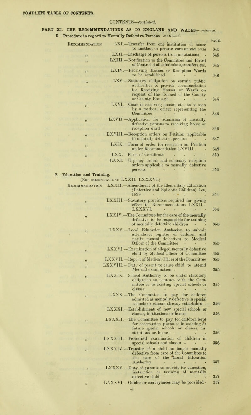 CONTENTS—continued. PART XI.-THE RECOMMENDATIONS AS TO ENGLAND AND WALES —continued. D.—Procedure in regard to Mentally Defective Persons—con^mMeo!. Recommendation LXI.—-Transfer from one institution or house to another, or private care or vice versa „ LXII.—Discharge of persons from institutions „ LXIII.—Notification to the Committee and Board of Control of all admissions,transfers,etc. „ LXIV.—Receiving Houses or Reception Wards to be established - - - . PAGE, 345 345 345 346 LXV.—Statutory obligation on certain public authorities to provide accommodation for Receiving Houses or Wards on request of the Council of the County or County Borough - . . . 346 LXVI.—Cases in receiving houses, etc., to be seen by a medical officer representing the Committee ------ 346 „ LXVII.—Application for admission of mentally defective persons to receiving house or reception ward ----- 346 „ LXVIII.—Reception orders on Petition applicable to mentally defective persons - - 347 „ LXIX.—Form of order for reception on Petition under Recommendation LXVIII. - 349 „ LXX.—Form of Certificate . - - - 350 „ LXXI.—Urgency orders and summary reception orders applicable to mentally defective persons ------ 350 E, -Education and Training. (Recommendations LXXII.-LXXXVI.) Recommendation LXXII.—Amendment of the Elementary Education (Defective and Epileptic Children) Act, 1899 - - - 354 LXXIII.—Statutory provisions required for giving effect to Recommendations LXXII.- LXXXVI. 354 LXXIV.—The Committee for the care of the mentally defective to be responsible for training of mentally defective children - - 355 LXXV.—Local Education Author-ity to submit attendance register of children and notify mental defectives to Medical Officer of the Committee - - - 355 LXX VI.—Examination of alleged mentally defective child by Medical Officer of Committee 355 LXX VII.—Report of Medical Officerof theCommittee 355 LXX VIIL —Duty of parent to cause child to attend Medical examination - - - - 355 LXXIX.—School Authority to be under statutory obligation to contract with the Com- mittee as to existing special schools or 355 classes ------ LXXX.—The Committee to pay for children admitted as mentally defective in special schools or classes already established - 356 LXXXI.—Establishment of new special schools or classes, institutions or homes - - 356 LXXXII.—The Committee to pay for children kept for observation purposes in existing or future special schools or classes, in- stitutions or. homes - ■ - - 356 LXXXIII.—Periodical examination of children in special schools and classes - - - 356 LXXXIV.—Transfer of a child no longer mentally defective from care of the Committee to the care of the ^ocal Education Authority - . . - . 357 LXXXV.—Duty of parents to provide for education, instruction or training of mentally defective child ----- 357 LXXXVI.—Guides or conveyances may be provided - 357