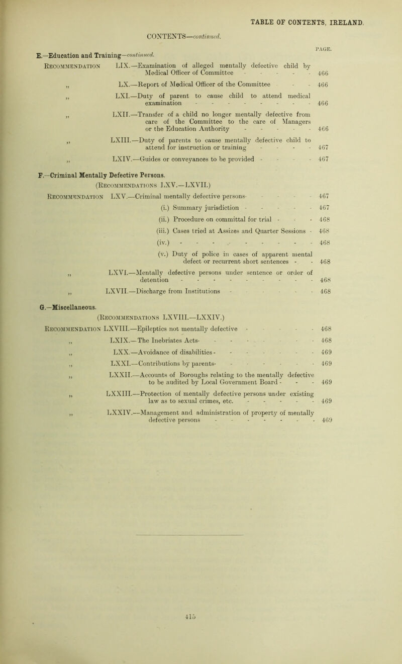 CONTENTS—continued. J E.—Education and Training— f Recommendation JJX.—Examination of alleged mentally defective child by , Medical Officer of Committee - - - - - „ LX.—Report of Medical Officer of the Committee „ LXI.—Duty of parent to cause child to attend medical examination . . „ EXIT.—Transfer of a child no longer mentally defective from care of the Committee to the care of Managers or the Education Authority ,, LXIII.—Duty of parents to cause mentally defective child to attend for instruction or training . - . . ,, LXIV.—Guides or conveyances to be provided - - - - F.—Criminal Mentally Defective Persons. (Recommendations I>XV.—LXVII.) Recommendation LXV.—Criminal mentally defective persons- - . - . (i.) Summary jurisdiction ----- (ii.) Procedure on committal for trial - (iii.) Cases tried at Assizes and Quarter Sessions - (iv.) - . - (v.) Duty of police in cases of apparent mental defect or recurrent short sentences - „ LXVl.—Mentally defective persons under sentence or order of detention ,, LXVII.—Discharge from Institutions - • . - - - G.—Miscellaneous. (Recommendations LXVIll.—LXXIV.) Recommendation LXVIII.—Epileptics not mentally defective - - - - - ,, LXIX.— The Inebriates Acts- „ LXX.—Avoidance of disabilities - ------ ,, LXXI.—Contributions by parents- ,, LXXII.—Accounts of Boroughs relating to the mentally defective to be audited by Local Government Board - ,, LXXIII.—Protection of mentally defective persons under existing law as to sexual crimes, etc. - . - . . ,, LXXIV.—Management and administration of property of mentally defective persons il-j page. 466 466 466 466 467 467 467 467 468 468 468 468 468 468 468 468 469 469 469 469 469