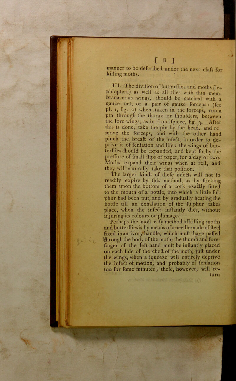 manner to be defcribed under the next clafs for killing moths. III. The divifion of butterflies and moths (le-* pidoptera) as well as all flies with thin mem- branaceous wings, fhould be catched with a gauze net, or a pair of gauze forceps : (fee pi. I, hg. 2) when taken in the forceps, run a pin through the thorax or flioulders, between the fore-wings, as in frontifpiece, fig. 3. After this is done, take the pin by the head, and re- move the forceps, and with the other hand pinch the breaft of the infeft, in order to de- prive it of fenfation and life : the wings of but- terflies fhould be expanded, and kept fo, by the prefTure of fmall flips of paper, for a day or two. Moths expand their wings when at reft, and they will naturally take that pofition. The larger kinds of thefe infefls will not fo readily expire by this method, as by flicking them upon the bottom of a cork exa6lly fitted to the mouth of a bottle, into which a little ful- phur had been put, and by gradually heating the bottle till an exhalation of the fulphur takes place, when the infe6l inftantly dies, without injuring its colours or plumage. Perhaps the moft eafy method of killing moths and butterfliesis by means of aneedlemade of fteej fixed in an ivoryhandle, which muft hjiye palfed trough the body of the moth; the thumb and fore- finger of the left-hand muft be inftantly placed on each fide of the cheft of the moth, juft under the wings, when a fqueeze will entirely deprive the infefl of motion, and probably of fenfation too for fpme minutes; thefe, however, will re- turn