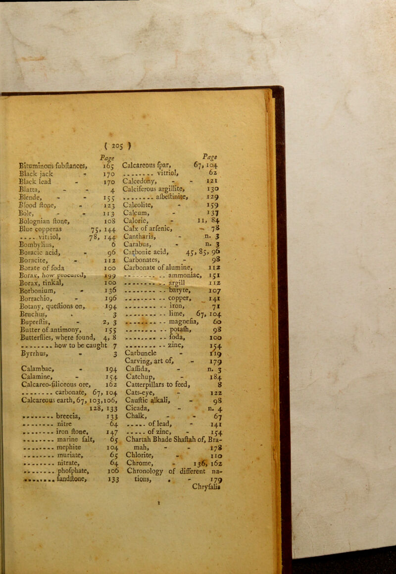 Tape Page Bituminous fubfiances. 165 Calcareous fpar. 67,104 Black jack >» 170 62 Black lead 170 Calcedohy, 121 Blatta, 4 Calciferous argillite. 130 Blende, *55 129 Blood done. 123 Caleolite, *59 Bole, - - 113 Calcum, *37 Bolognian Hone, 108 Caloric, II, 84 Blue copperas 75, 144 Calx of arfenic. *. 7$ ...., vitiiol, 78, 144 Cantharis, n. 3 Bombylius, 6 Carabus, **• 3 Boracic acid. 96 Carbonic acid, 45 , 85, 96 Boracite, . ' - 112 Carbonates, 98 Borate of foda 100 Carbonate of alumine. 112 Borax, how- procuicJ, 199 .. ammoniac, 151 Borax, tinkal. 100 I IZ Borbonium, - 136 -baryte. 107 Borrachio, 196 - *4* Botany, queftlons on. 194 Bruchus, 3 ........ .. lime. 67, 104 Bupreftls, 2> 3 magnefla, 60 Butter of antimony. *55 98 Butterflies, where found. 4, 8 100 hnw tn hp. caiicht 'T 1 C/L Byrrhus, 3 Carbuncle Carving, art of. 179 Calambac, 194 Callida, **• 3 Calamine, 154 Catchup, 184 Calcareo-llllceous ore. 162 Catterpillars to feed. 8 > 104 Cats-eye, 122 Calcareous earth, 67,103 .106, Cauftic alkali. 98 128 » *33 Cicada, n. 4 *33 Chalk, - 67 -64 141 iron ftone. *47 ..... of zinc. K4 ' 65 Chartah Bhade Shaftah of. Bra- ........ mephite 104 mah. 178- 65 Chlorite, no 64 Chrome, 13^» 162 ........ phofphate. 106 Chronology of different na- 133 tions, • *79 Chryfalia t