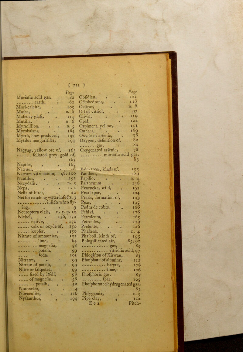 {til ) ; Page Pa^e Muriatic acid gas. 82 Obfidian, • i 121 earth, 60 Odlohedrons, I 16 Muri-calcite, 105 Oeftrus, n. 6 Mufca, * n. 6 Oil of vitriol. 97 Mufcovy glafs, * 01iv>i3, i 119 Mutilla, . n. 6 Opal, 122 Myrmillion, . • n. 5 Orpiment, yellow. 151 Myrobalans, 184. Ounces, i . 189 Myrrh, how produced* 197 Oxyde of arfenic, ; 78 Mytilus margaritifer* 193 Oxygen, definition of. 82 gas. 84 Nagyag, yellow ore of. 163 Oxygenated arfenic. 78 foliated grey gold of, muriatic acid gas^ 163 S3 Naptha, , . 165 Natrum.. - . , 46 Palm trees, kinds of. 19^ Natrum vitrlolatumi 48 j 100 Panthers, 18^ Nautilus, 192 Papilio, . . n. 4 Necydalis, ' . . n- 3 Parthenum, •. 1,3^ Nepa, . n. 4 Peacocks, wild. 191 Nells of birds. 22 Pearl fpar. 104 Net for catching water infefls, 3 Pearls, formation of. ^93 Peas, 195 ing, . * 9 Pedra dc cobra, , 186 Neuroptera clafs, n. 3, pi 10 Pehlvi, i . 178 Nickel, . 136, , 150 Petroleum, 16^ native. . 150 Petrofilex, ^ , 123 calx or oxyde of. 150 Prehnite, , . ; 126 150 Phalaena, . ; n. 4 Nitrate of ammoniac. 102 Phafeoli, kinds of. 195 lime. 64 Pblogifticated air. 85, 92 58 85 99 101 Phlogifton of Kirwan, 87 Nitrates, 99 Phol’phate of alUmine, 112 Nitrate of potalh* * ' 99 loS Nitre or faltpetre, 99 106 * fixed by itfelf. 98 Phofphoric gas. 83 - _.. of magnefia, * 58 fpar. IOC 52 Pnoiphorated hydrogenafed gas. Notonefta, . 4 83 Novaculite, 116 Phrygamia, n. ^ Nyilanthus, , 194 Pipe clay, < 112