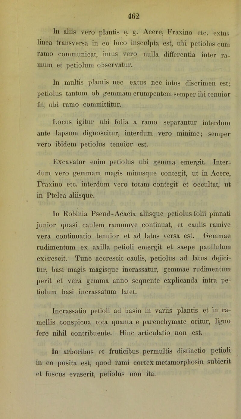 ln aliis vero plantis e. g. Acore, Fraxino etc. extus linea transversa in eo loco inscnlpta est, iibi petiolus cuni ramo coinmunicat, intus vero nulla clifferentia inter ra- mum et petiolum observatur. In mnltis plantis nec extus nec intus discrimen est; petiolus tantuin ob gemmam eruinpentem semper ibi tenuior fit, ubi ramo committitur. Locus igitur ubi folia a ramo separantur interdum ante lapsum dignoscitur, interdum vero minime; semper vero ibidem petiolus tenuior est. Excavatur enim petiolus ubi gemma emergit. Inter- dum vero gemmam magis minusque contegit, ut in Acere, Fraxino etc. interdum vero totam contegit et occultat, ut in Ptelea aliisque. In Robinia Pseud-Acacia aliisque petiolus folii pinnati junior quasi caulem ramumve continuat, et caulis ramive vera continuatio tenuior et ad latus versa est. Gemmae rudimentum ex axilla petioli emergit et saepe paullulum excrescit. Tune accrescit caulis, petiolus ad latus dejici- tur, basi magis magisque incrassatur, gemmae rudimentum perit et vera gemma anno sequente explicanda intra pe- tiolum basi incrassatum latet. lucrassatio petioli ad basin in variis plantis et in ra- mellis conspicua tota quanta e parenchymate oritur, ligno fere nihil contribuente. Hinc articulatio non est. In arboribus et fruticibus permultis distinctio petioli in eo posita est, quod rami cortex metamorphosin subierit et fuscus evaserit, petiolus non ita.