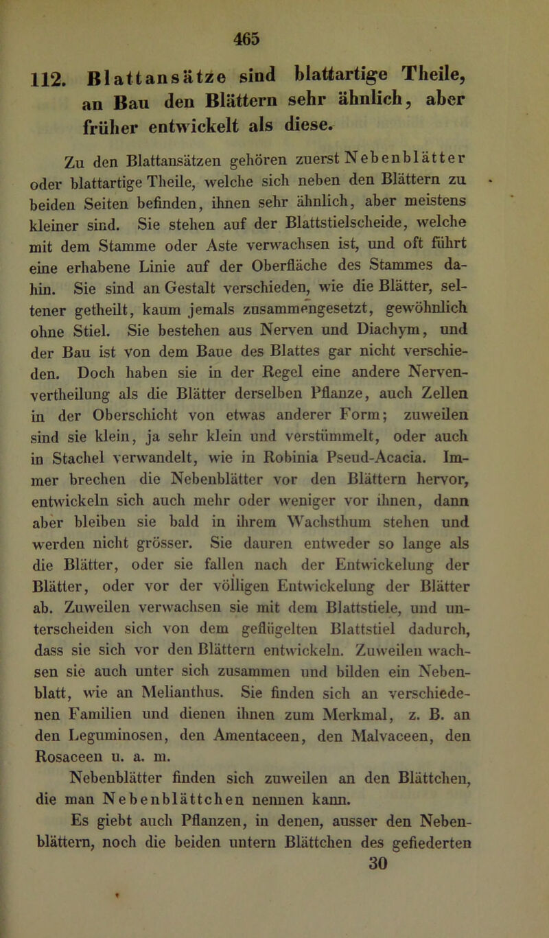 112. Blattansätze sind blattartige Theile, an Bau den Blättern sehr ähnlich, aber früher entwickelt als diese. Zu den Blattansätzen gehören zuerst Nebenblätter oder blattartige Theile, welche sich neben den Blättern zu beiden Seiten befinden, ihnen sehr ähnlich, aber naeistens kleiner sind. Sie stehen auf der Blattstielscheide, welche mit dem Stamme oder Aste verwachsen ist, und oft führt eine erhabene Linie auf der Oberfläche des Stammes da- hin. Sie sind an Gestalt verschieden, wie die Blätter, sel- tener getheUt, kaum jemals zusammengesetzt, gewöhnlich ohne Stiel. Sie bestehen aus Nerven und Diachym, und der Bau ist Von dem Baue des Blattes gar nicht verschie- den. Doch haben sie in der Regel eine andere Nerven- vertheilung als die Blätter derselben Pflanze, auch Zellen in der Oberschicht von etwas anderer Form; zuweilen sind sie klein, ja sehr klein und verstümmelt, oder auch in Stachel verwandelt, wie in Robinia Pseud-Acacia. Im- mer brechen die Nebenblätter vor den Blättern hervor, entwickeln sich auch mehr oder w'eniger vor ihnen, dann aber bleiben sie bald in ihrem Wachsthum stehen und werden nicht grösser. Sie dauren entweder so lange als die Blätter, oder sie fallen nach der Entwickelung der Blätter, oder vor der völligen Entwickelung der Blätter ab. Zuweilen verwachsen sie mit dem Blattstiele, und un- terscheiden sich von dem geflügelten Blattstiel dadurch, dass sie sich vor den Blättern entwickeln. Zuweilen wach- sen sie auch unter sich zusammen und bilden ein Neben- blatt, wie an Melianthus. Sie finden sich an verschiede- nen Familien und dienen ihnen zum Merkmal, z. B. an den Leguminosen, den Amentaceen, den Malvaceen, den Rosaceen u. a. m. Nebenblätter finden sich zuweilen an den Blättchen, die man Nebenblättchen nennen kann. Es giebt auch Pflanzen, in denen, ausser den Neben- blättern, noch die beiden untern Blättchen des gefiederten 30