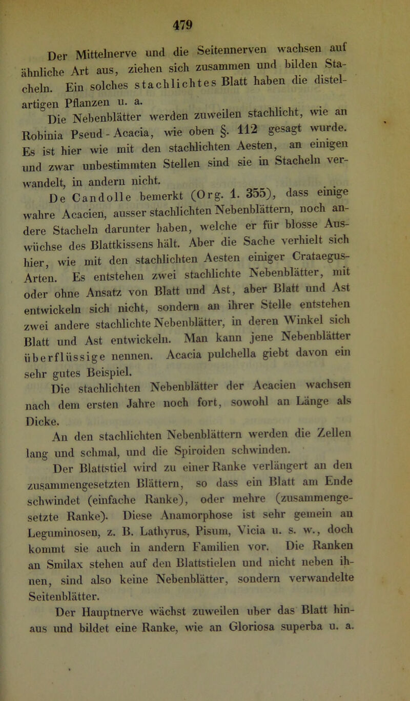 Der Mittelnerve und die Seitennerven wachsen auf ähnliche Art aus, ziehen sich zusammen und bilden Sta- cheln. Ein solches stachlichtes Blatt haben die distel- artigen Pflanzen u. a. iv i. • Die Nebenblätter werden zuweilen stachlicht, wie an Robinia Pseud-Acacia, wie oben §. 112 gesagt wurde. Es ist hier wie mit den stachlichten Aesten, an einigen und zwar unbestimmten Stellen sind sie in Stacheln ver- wandelt, in andern nicht. ^ De Candolle bemerkt (Org. 1. 355), dass emige wahre Acacien, ausser stacldichten Nebenblättern, noch an- dere Stacheln darunter haben, welche er für blosse Aus- wüchse des Blattkisseas hält. Aber die Sache verhielt sich hier, wie mit den stachlichten Aesten einiger Crataegus- Arten. Es entstehen zwei stachlichte Nebenblätter, mit oder ohne Ansatz von Blatt und Ast, aber Blatt und Ast entwickeln sich nicht, sondern an ihrer Stelle entstehen zwei andere stachlichte Nebenblätter, in deren Winkel sich Blatt und Ast entwickeln. Man kann jene Nebenblätter überflüssige nennen. Acacia pulchella giebt davon ein sehr gutes Beispiel. Die stachlichten Nebenblätter der Acacien wachsen nach dem ersten Jahre noch fort, sowohl an Länge als Dicke. An den stachlichten Nebenblättern werden die Zellen lang und schmal, und die Spiroiden schwinden. • Der Blattstiel wird zu einer Ranke verlängert an den zusammengesetzten Blättern, so dass ein Blatt am Ende schwindet (einfache Ranke), oder mehre (zusammenge- setzte Ranke). Diese Anamorphose ist sehr gemein au Leguminosen, z. B. Lathyrus, Pisum, Vicia u. s. w., doch kommt sie auch in andern Familien vor. Die Ranken an Smilax stehen auf den Blattstielen und nicht neben ih- nen, sind also keine Nebenblätter, sondern verwandelte Seitenblätter. Der Hauptnerve wächst zuweilen tiber das Blatt hin- aus und bildet eine Ranke, wie an Gloriosa superba u, a.