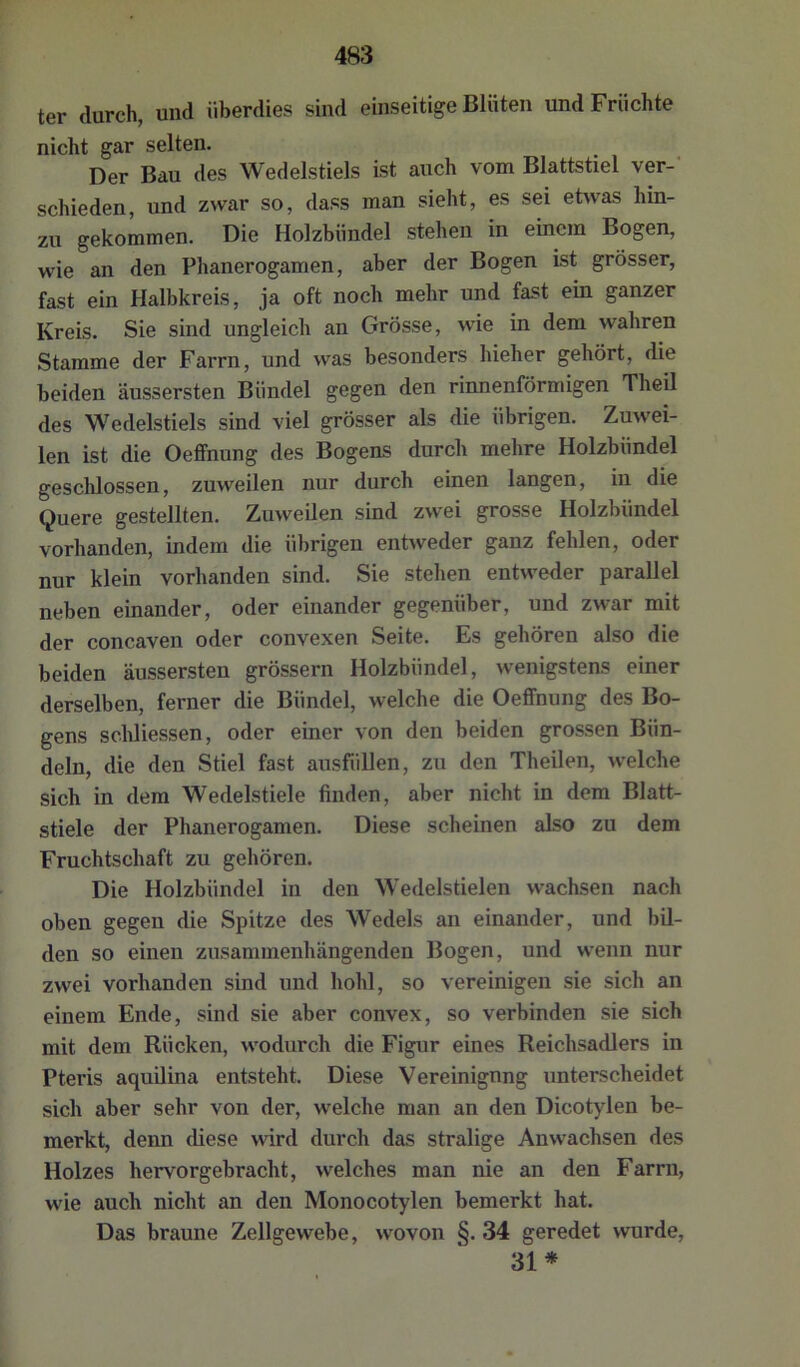 ter durch, und überdies sind einseitige Blüten und Früchte nicht gar selten. Der Bau des Wedelstiels ist auch vom Blattstiel ver-' schieden, und zwar so, dass man sieht, es sei etwas hin- zu gekommen. Die Holzbündel stehen in einem Bogen, wie an den Phanerogamen, aber der Bogen ist grösser, fast ein Halbkreis, ja oft noch mehr und fast ein ganzer Kreis. Sie sind ungleich an Grösse, wie in dem wahren Stamme der Farm, und was besonders hieher gehört, die beiden äussersten Bündel gegen den rinnenförmigen Theil des Wedelstiels sind viel grösser als die übrigen. Zuwei- len ist die Oeffnung des Bogens durch mehre Holzbündel gesclUossen, zuweilen nur durch einen langen, in die Quere gestellten. Zuweilen sind zwei grosse Holzbündel vorhanden, indem die übrigen enhveder ganz fehlen, oder nur klein vorhanden sind. Sie stehen entweder parallel neben einander, oder einander gegenüber, und zwar mit der concaven oder convexen Seite. Es gehören also die beiden äussersten grössern Holzbündel, wenigstens einer derselben, ferner die Bündel, welche die Oeffnung des Bo- gens schliessen, oder einer von den beiden grossen Bün- deln, die den Stiel fast ausfiillen, zu den Theilen, welche sich in dem Wedelstiele finden, aber nicht in dem Blatt- stiele der Phanerogamen. Diese scheinen also zu dem Fruchtschaft zu gehören. Die Holzbündel in den Wedelstielen wachsen nach oben gegen die Spitze des Wedels an einander, und bil- den so einen zusammenhängenden Bogen, und wenn nur zwei vorhanden sind und hohl, so vereinigen sie sich an einem Ende, sind sie aber convex, so verbinden sie sich mit dem Rücken, wodurch die Figur eines Reichsadlers in Pteris aquilina entsteht. Diese Vereinigung unterscheidet sich aber sehr von der, welche man an den Dicotylen be- merkt, denn diese wird durch das stralige Anwachsen des Holzes hervorgebracht, welches man nie an den Farm, wie auch nicht an den Monocotylen bemerkt hat. Das braune Zellgewebe, wovon §. 34 geredet wurde, 31*