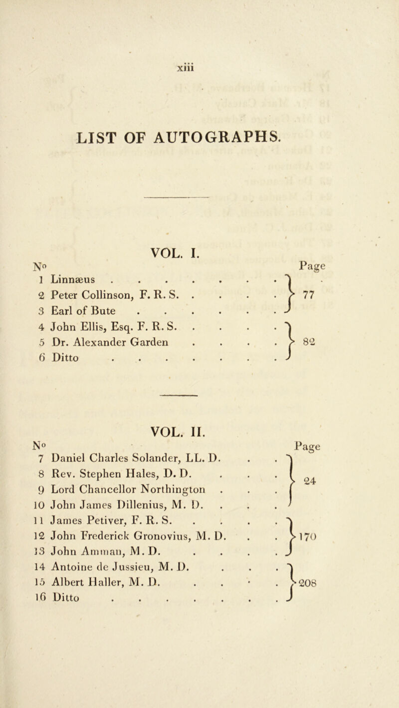 Xlll LIST OF AUTOGRAPHS. VOL. I. No ] Linnaeus .... 2 Peter Collinson, F. R. S. . 3 Earl of Bute 4 John Ellis, Esq. F. R. S. 5 Dr. Alexander Garden 6 Ditto .... VOL. II. No 7 Daniel Charles Solander, LL. D. 8 Rev. Stephen Hales, D. D. 9 Lord Chancellor Northington 10 John James Dillenius, M. 1). 11 James Petiver, F. R. S. 12 John Frederick Gronovius, M. D. 13 John Amman, M.D. 14 Antoine de Jussieu, M. D. 15 Albert Haller, M. D. 16 Ditto . . . . .