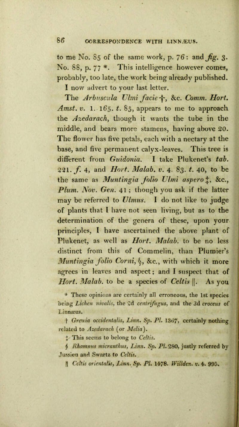 S6 to me No. S5 of the same work, p. 76: and ^g. 3. No, 88, p. 77 *. This intelligence however comes, probably, too late, the work being already published. I now advert to your last letter. The Arbuscula Ulmi facie&c. Comm. Hort. Amst. V. 1. 165. t. 85, appears to me to approach the Azedarach, though it wants the tube in the middle, and bears more stamens, having above 20. The flower has five petals, each with a nectary at the base, and five permanent calyx-leaves. This tree is different from Guidonia. I take Plukenet’s tab. 221. y. 4, and Horf. Malab. v. 4. 83. t. 40, to be the same as Muntingia folio Ulmi aspero^, &c.. Plum. Nov. Gen. 41 ; though you ask if the latter may be referred to lUmiis. I do not like to judge of plants that I have not seen living, but as to the determination of the genera of these, upon your , principles, I have ascertained the above plant of Plukenet, as vvell as Hort. Malab. to be no less distinct from this of Commelin, than Plumier’s Muntingia folio Corni, &c,, with which it more agrees in leaves and aspect; and I suspect that of Hort. Malab. to be a species of Celt is ||. As you * These opinions are certainly all erroneous, the 1st species being Lichen nivalis, the 2d centrifugus, and the 3d crocens of Linnaeus. t Greicia occidental is, Linn. Sp. PI. 13d7, certainly nothing related to Azedarach (or Melia). t This seems to belong to Celtis. § Rhnmnns micranthus, Linn. Sp. PI. 280, justly referred by Jussieu and Swartz to Celtis. II Celtis orientalis, Linn. Sp. PI. 1478. Willden. r. 4. 995.