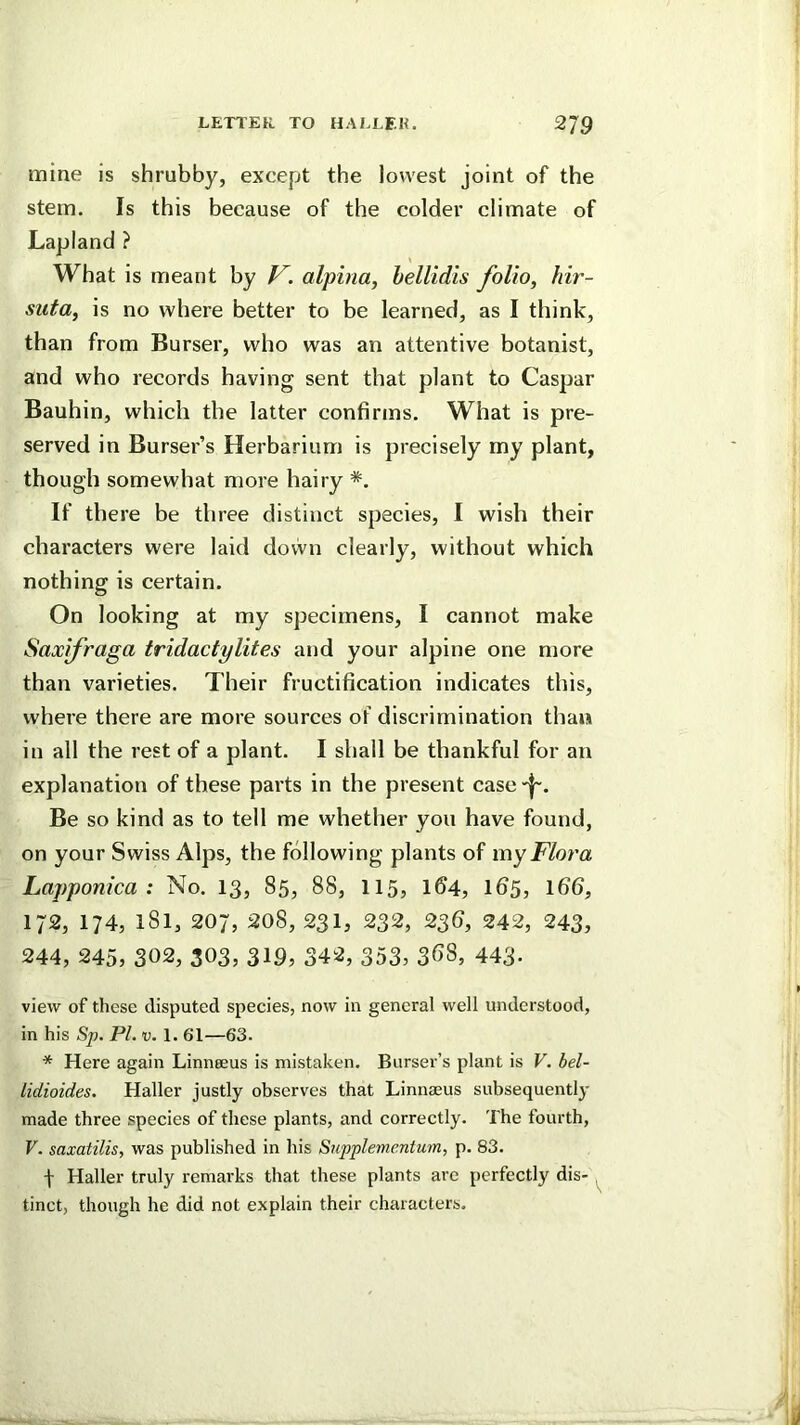 mine Is shrubby, except the lowest joint of the stem. Is this because of the colder climate of Lapland ? What is meant by V. alpina, hellidis folio, hir- suta, is no where better to be learned, as I think, than from Burser, who was an attentive botanist, and who records having sent that plant to Caspar Bauhin, which the latter confirms. What is pre- served in Burser’s Herbarium is precisely my plant, though somewhat more hairy *. If there be three distinct species, I wish their characters were laid dovvn clearly, without which nothing is certain. On looking at my specimens, I cannot make Saxifraga tridactylites and your alpine one more than varieties. Their fructification indicates this, where there are more sources of discrimination thaw in all the rest of a plant. I shall be thankful for an explanation of these pai*ts in the present case 'I'. Be so kind as to tell me whether you have found, on your Swiss Alps, the following plants of my Flora Lapponica : No. 13, 85, 88, II5, 164, 165, 166, 172, 174, 181, 207, 208, 231, 232, 23G, 242, 243, 244, 245, 302, 303, 319, 342, 353, 3^8, 443- view of these disputed species, now in general well understood, in his Sp.Pl. v. 1.61—63. * Here again Linnaeus is mistaken. Burser’s plant is V. bel- lidioides. Haller justly observes that Linnaeus subsequently made three species of these plants, and correctly. The fourth, V. saxatilis, was published in his Supplemcntum, p. 83. f Haller truly remarks that these plants are perfectly dis- , tinct, though he did not explain their characters.