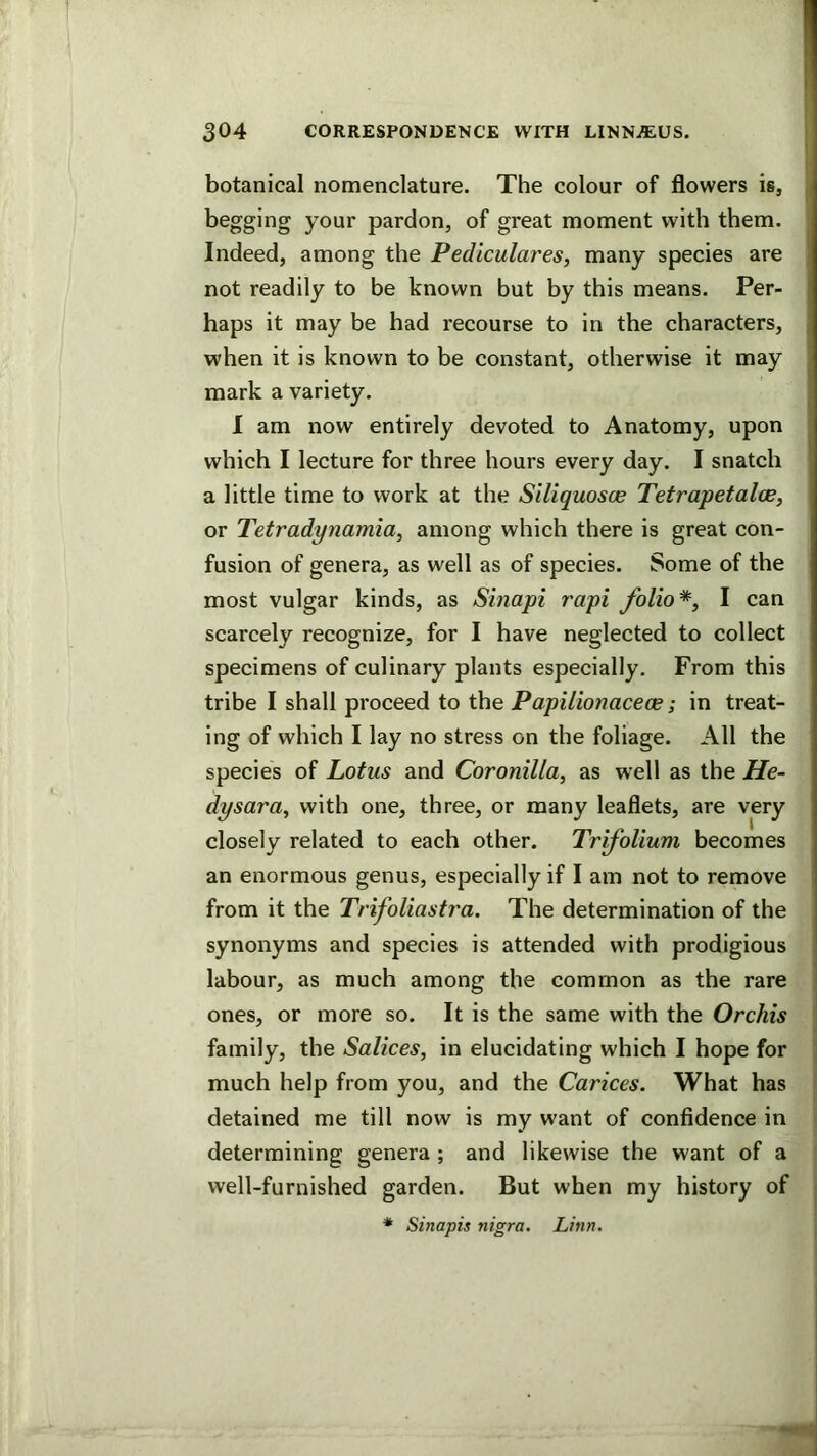 botanical nomenclature. The colour of flowers is, begging your pardon, of great moment with them. Indeed, among the Pediculares, many species are not readily to be known but by this means. Per- haps it may be had recourse to in the characters, when it is known to be constant, otherwise it may mark a variety. 1 am now entirely devoted to Anatomy, upon which I lecture for three hours every day. I snatch a little time to work at the Siliquosce Tetrapetaloe, or Tetradynamia, among which there is great con- fusion of genera, as well as of species. Some of the most vulgar kinds, as Sinapi rapi folio*, I can scarcely recognize, for I have neglected to collect specimens of culinary plants especially. From this tribe I shall proceed to the PapUionaceoe; in treat- ing of which I lay no stress on the foliage. All the species of Lotus and Coronilla, as well as the He- dy sara, with one, three, or many leaflets, are very closely related to each other. Trifolium becomes an enormous genus, especially if I am not to remove from it the Trifoliastra. The determination of the synonyms and species is attended with prodigious labour, as much among the common as the rare ones, or more so. It is the same with the Orchis family, the Salices, in elucidating which I hope for much help from you, and the Carices. What has detained me till now is my want of confidence in determining genera ; and likewise the want of a well-furnished garden. But when my history of * Sinapis nigra. Linn.