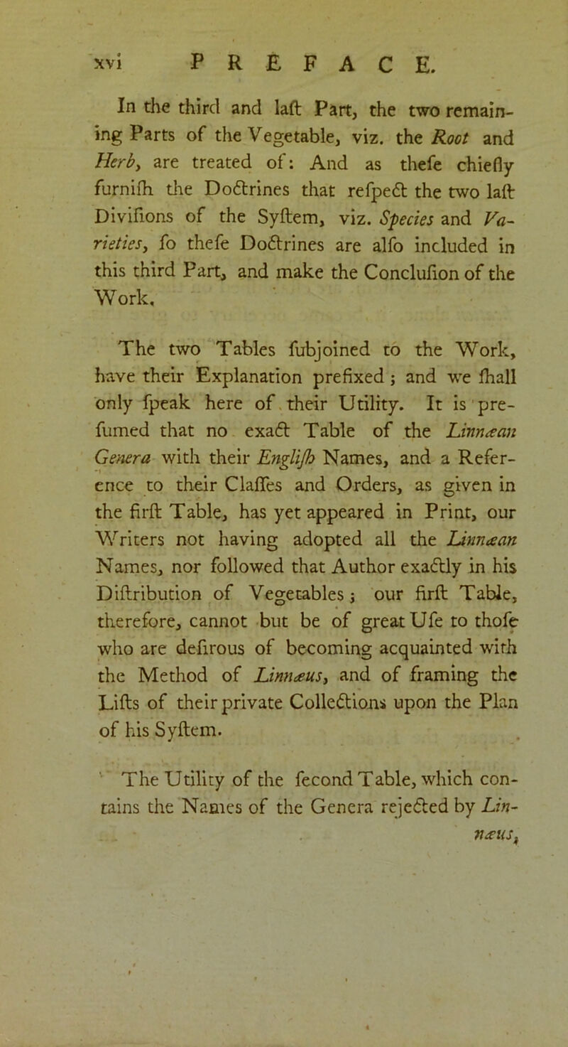 In the third and laft Part, the two remain- ing Parts of the Vegetable, viz. the Root and Herb, are treated of: And as thefe chiefly furnifh die Dodtrines that refpedt the two laft: Divifions of the Syftem, viz. Species and Va- rieties, fo thefe Dodtrines are alfo included in this third Part, and make the Conclufion of the Work, The two Tables fubjoined to the Work, have their Explanation prefixed ; and we fhall only fpeak here of their Utility. It is pre- fumed that no exadt Table of the Linnaan Genera with their Englifh Names, and a Refer- ence to their ClaflTes and Orders, as given in the firft Table, has yet appeared in Print, our Writers not having adopted all the Linnaan Names, nor followed that Author exadtly in his Diftribution of Vegetables j our firft Table, therefore, cannot but be of great Ufe to thofe who are defirous of becoming acquainted with the Method of Linnaus, and of framing the Lifts of their private Colledtions upon the Plan of his Syftem. The Utility of the fecond Table, which con- tains the Names of the Genera rejedted by Lin- IhZUS,