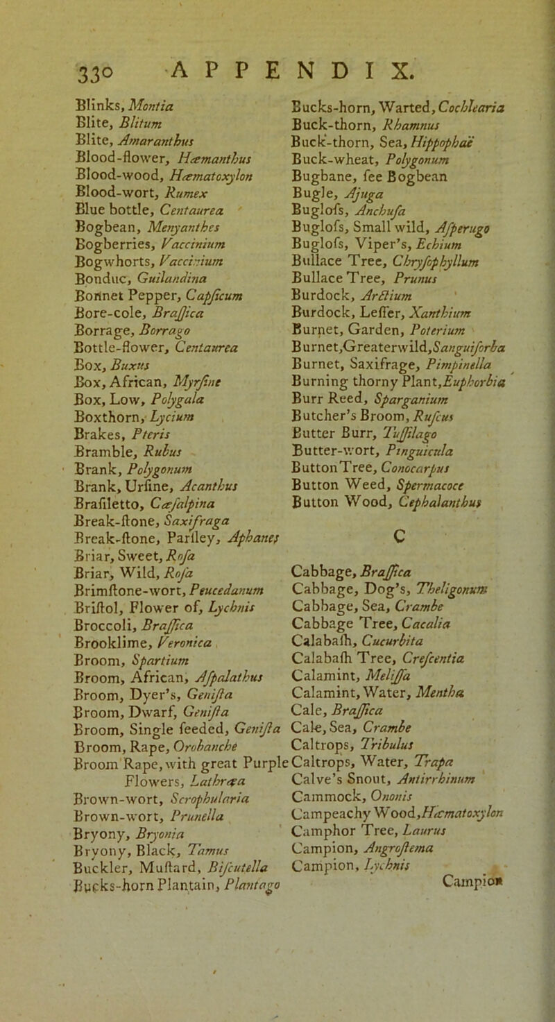 Blinks, Montia Blite, Blitum Blite, Amaranthus Blood-flower, H&manthus Blood-wood, Hamatoxylon Blood-wort, Rumex Blue bottle, Centaurea Bogbean, Menyantbes Bogberries, Vaccinium Bogwhorts, Vaccinium Bonduc, Guilandina Bonnet Pepper, Capjicum Bore-cole, Brajjica Bor rage, Borrago Bottle-flower, Centaurea Box, Buxus Box, African, Myrjint Box, Low, Polygala Boxthorn, Lycium Brakes, P ter is Bramble, Rubus Brank, Polygonum Brank, Urflne, Acanthus Braflletto, Ca/alptna Break-ftone, Saxifraga Ereak-ftone, Pariley, Aphattes Briar, Sweet, Rofa Briar, Wild, Rnfa Brimftone-wort, Peucedanum Briftol, Flower of. Lychnis Broccoli, Brajftca Brooklime, Veronica Broom, Spartium Broom, African, Afpalathus Broom, Dyer’s, Genijla Broom, Dwarf, Genijla Broom, Single feeded, Genijla Cale, Sea, Crambe Broom, Rape, Orobanche Caltrops, 7ribulus Broom Rape, with great Purple Caltrops, Water, Trapa T f 7 L ^ 1 A V « II f A M J « AM AM La m A. P lowers, at hr ci Brown-wort, Scropbularia Brown-wort, Prunella Bryony, Bryonia Bryony, Black, Tamus Buckler, Muftard, Bijcutella Bucks-horn Plantain, Plant a go Bucks-horn, Warted ,Cocblearia Buck-thorn, Rhamnus Buck-thorn, Sea, Hippopbae Buck-wheat, Polygonum Bugbane, fee Bogbean Bugle, Ajuga Buglofs, Anchufa Buglofs, Small wild, Afperugo Buglofs, Viper’s, Echium Bullace Tree, Cbryjophyllum BullaceTree, Prunus Burdock, Arftium Burdock, Lefier, Xarrthium Burnet, Garden, Po/erium B urnet,Greaterwi\d,Sanguijorba Burnet, Saxifrage, Pimpinella Burning thorny Plant,Euphorbia Burr Reed, Sparganium Butcher’s Broom, Rufus Butter Burr, Tujflago Butter-wort, Pinguicula ButtonTree, Conocarpus Button Weed, Spermacoce Button Wood, Cephalanthus Cabbage, BraJJlca Cabbage, Dog’s, Theligonum Cabbage, Sea, Crambe Cabbage Tree, Cacalia Calabalh, Cucurbit a Calabalh Tree, Crefcentia Calamint, MeliJJ'a Calamint, Water, Mentha Cale, Brajftca Calve’s Snout, Antirrhinum Cammock, Ononis Campeachy W oesd,Hicmatoxylon Camphor Tree, Laurus Campion, Angrojlema Campion, Lychnis Campio*