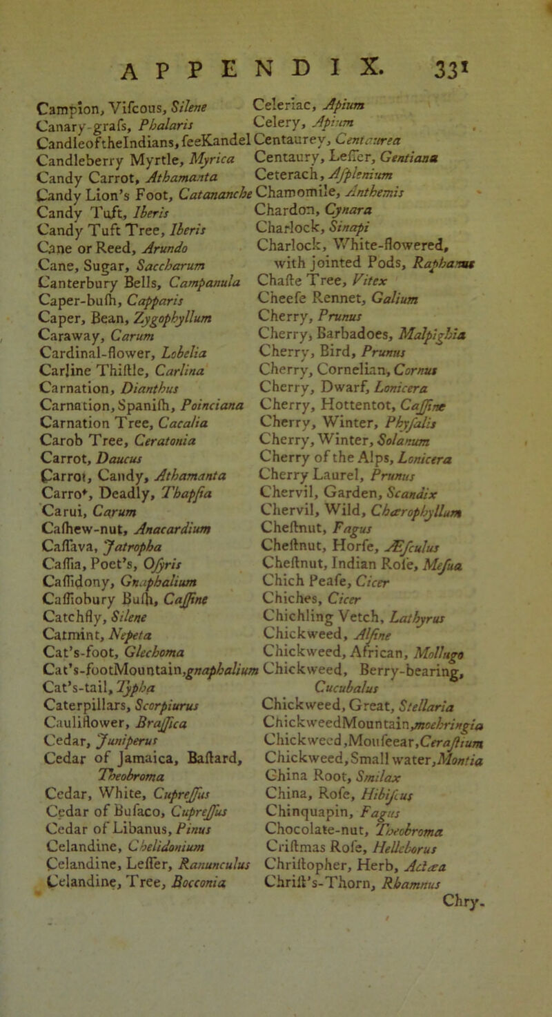 Campion, Vifcous, Silene Celeriac, Apium Canary grafs, Pbalaris Celery, Apium Candieofthelndians, feeKandel Centaurey, Centaurea Candleberry Myrtle, Myrica Centaury, LelTer, Gentiana Candy Carrot, Athamanta Ceterach, Afplenium Candy Lion’s Foot, Catanancbe Chamomiie, sinthemis Candy Tu/t, Iberis Candy Tuft Tree, Iberis Cane or Reed, Arundo Cane, Sugar, Saccbarum Canterbury Bells, Campanula Caper-bulh, Capparis Caper, Bean, Zygophyllum Caraway, Carum Cardinal-flower, Lobelia Carline Thiftle, Carlina Carnation, Dianthus Carnation, Spanifh, Poinciana Carnation Tree, Cacalia Carob Tree, Ceratonia Carrot, Daucus Carrot, Candy, Athamanta Carro*, Deadly, Tbapfia Carui, Carum Calhew-nut, Anacardium Caflava, 'Jatropba Caflia, Poet’s, Qfyris Caflidony, Gnapbalium Cafliobury Bufti, Cajjtne Catchfly, Silene Catmint, Nepeta Cat’s-foot, Glechoma Ca t ’ s -fo o tMo u n ta i n ,gnaphalik Cat’s-tail, Typba Caterpillars, Scorpiurus Cauliflower, Brajftca Cedar, jfuniperus Cedar of Jamaica, Bartard, Theobroma Cedar, White, Cuprejfus Cedar of Bufaco, Cuprejfus Cedar of Libanus, Pinus Celandine, Cbelidonium Celandine, Lefler, Ranunculus Celandine, Tree, Bocconia Chardon, Cynara Charlock, Sinapi Charlock, White-flowered, with jointed Pods, Rapbaaut Chafte Tree, Vitex Cheefe Rennet, Galium Cherry, Prunus Cherry, Barbadoes, Malpighia Cherry, Bird, Prumu Cherry, Cornelian, Cornus Cherry, Dwarf, Lonicera Cherry, Hottentot, CaJJine Cherry, Winter, Phyfalis Cherry, Winter, Solanum Cherry of the Alps, Lonicera Cherry Laurel, Primus Chervil, Garden, Scanaix Chervil, Wild, Cbarophyllum Cheftnut, Fagus Cheftnut, Horfe, Aofculus Cheftnut, Indian Role, Me/ua Chich Peafe, Cicer Chiches, Cicer Chichling Vetch, Latbyrus Chick weed, Alfine Chickweed, African, MolUgo Chickweed, Berry-bearing, Cucubalus Chickweed, Great, Stellaria ChickweedMountain^wcr^r/'^/a Chickweed ,Moufeear, Cerajftum Chickweed,Small water,Montia China Root, Smilax China, Rofe, Hibijius Chinquapin, Fagus Chocolate-nut, Toeobroma Criftmas Rofe, Hellcborus Chriftopher, Herb, Adcea Chrift’s-Thorn, Rbamnus Chry.