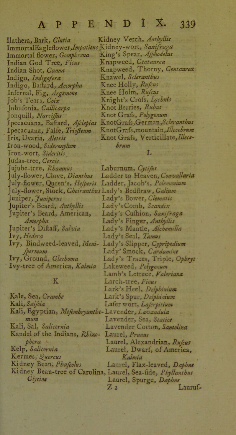 Ilathera, Bark, Clutia Kidney Vetch, Anthyllis ImmortalEagleflower,/w/^//«w Kidney-wort, >9axifraga Immortal flower, GompL cna King’s Spear, Afphodelus Indian God Tree, Ficus Indian Shot, Canna Indigo, Indigofera Indigo, Baftard, Amorpha Infernal, Fig, Argimone Job’s Tears, Coix Johnfonia, Callicarpa Jonquill, NarciJJus Knapweed, Centaurea Knapweed, Thorny, Centaurea Knawel, Scleranthus Knee Holly, Rufcus Knee Holm, Rufcus Knight’s Crofs, Lychnis Knot Berries, Rubus Knot Grafs, Polygonum Jpecacuana, Baflard, Afclepias KnotGrafs,German,Scleranthus Ipecacuana, Falfe, Tricfteum KnotGrafs,mountain, Iris, Uvaria, Aletris KnotGrafs, Verticillate,///«*- Iron-wood, Sideroxylum brum Iron-wort, Siderilis L Judas-tree, Cere is Jujube-tree, Rhamnus Laburnum, Cytifus July-flower, Clove, Dianthus Ladder to Heaven, Convallaria July-flower, Queen’s, Hefperis Ladder, Jacob’s, Polemonium July-flower, Stock, Cheirantbus Lady's Beuftraw, Galium Juniper,'Juniperus Lady’s Bower, Clematis Jupiter’s Beard, Anthyllis Lady’s Comb, Scandix Jupiter’s Beard, American, Lady’s Culhion, Saxfraga Amorpha Jupiter’s DiftafF, Salvia Ivy, Hedera Lady’s Finger, Anthyllis Lady’s Mantle, Aicbemilia Lady’s Seal, Tamus Ivy, Bindweed-leaved, Meni- Lady’s Slipper, Cypripedium Jpermum Ivy, Ground, Glechoma Ivy-tree of America, Kalmia K Lady’ Smock, Cardamint Lady’s Traces, Triple, Ophrys Lakeweed, Polygonum Lamb’s Lettuce, Valeriana Larch-tree, Pious Lark’s Heel, Delphinium Lark’s Spur, Delphinium Lal'er wort, Laferpitium Kale, Sea, Crarnbe Kali, Salfola Kali, Egyptian, Mefembryanthe- Lavender, Lavandula mum Lavender, Sea, Statice Kali, Sal, Salicornia Lavender Cotton, Santolina Kandel of the Indians, Rhizo- Laurel, Prunus phera Kelp, Salicornia Kermes, Querent Kidney Bean, Phafeolus Laurel, Alexandrian, Rufcus Laurel, Dwarf, of America, Kalmia Laurel, Flax-leaved, Daphne Kidney Bean-tree of Carolina, Laurel, Sea-fide, Phyllanthus Gly tine Laurel, Spurge, Daphne Z 2 Lauruf-