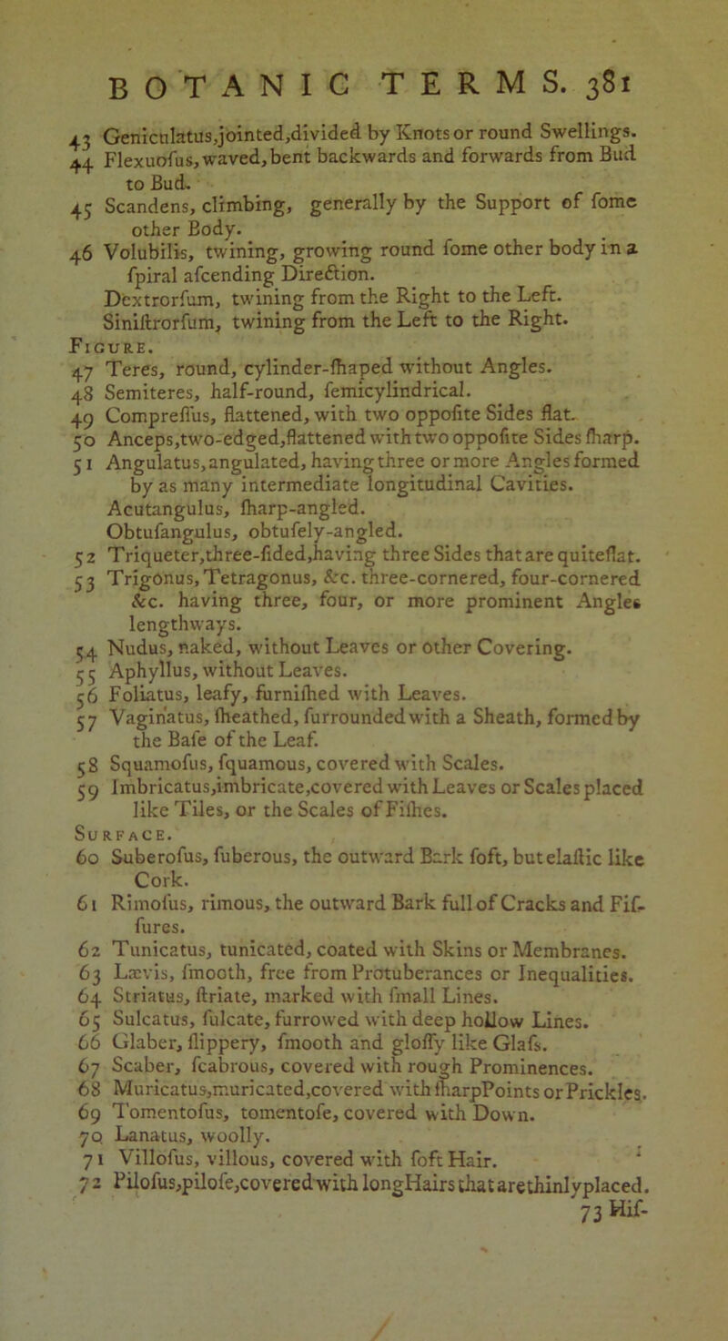 43 Geniculatus,jointed,divided by Knots or round Swellings. 44 Flexuofus, waved,bent backwards and forwards from Bud to Bud* 45 Scandens, climbing, generally by the Support of fome other Body. 46 Volubilis, twining, growing round fome other body in a fpiral afcending Direction. Dextrorfum, twining from the Right to the Left. Siniftrorfum, twining from the Left to the Right. Figure. 47 Teres, round, cylinder-lhaped without Angles. 48 Semiteres, half-round, femicylindrical. 49 Comprefius, flattened, with two oppoflte Sides flat. 50 Anceps,two-edged,flattened with two oppoflte Sides fharp. 51 Angulatus,angulated, having three or more Angles formed by as many intermediate longitudinal Cavities. Acutangulus, lharp-angled. Obtufangulus, obtufely-angled. 52 Triqueter,three-fided,having three Sides that are quiteflat. 53 TrigOnus,Tetragonus, &c. three-cornered, four-cornered &c. having three, four, or more prominent Angles lengthways. 54 Nudus, naked, without Leaves or other Covering, j 5 Aphyllus, without Leaves. 56 Foliatus, leafy, furnilhed with Leaves. 57 Vaginatus, fheathed, furroundedwith a Sheath, formed by the Bale of the Leaf. 58 Squamofus, fquamous, covered with Scales. 59 Imbricatus,imbricate,covered with Leaves or Scales placed like Tiles, or the Scales of Filhes. Surface. 60 Suberofus, fuberous, the outward Bark foft, butelaftic like Cork. 61 Rimofus, rimous, the outward Bark full of Cracks and Fif- fures. 62 Tunicatus, tunicated, coated with Skins or Membranes. 63 Latvis, fmooth, free from Protuberances or Inequalities. 64 Striatas, ftriate, marked with fmall Lines. 65 Sulcatus, fulcate, furrowed with deep hollow Lines. 66 Glaber, flippery, fmooth and glofly like Glafs. 67 Scaber, fcabrous, covered with rough Prominences. 68 Muricatus,muricated,covered with IharpPoints or Prickles . 69 Tomentofus, tomentofe, covered with Down. jq Lanatus, woolly. 71 Villofus, villous, covered with foft Hair. 72 Pilofus,pilofe,coveredwithlongHairsthatarethinIyplaced. 73 Hif-