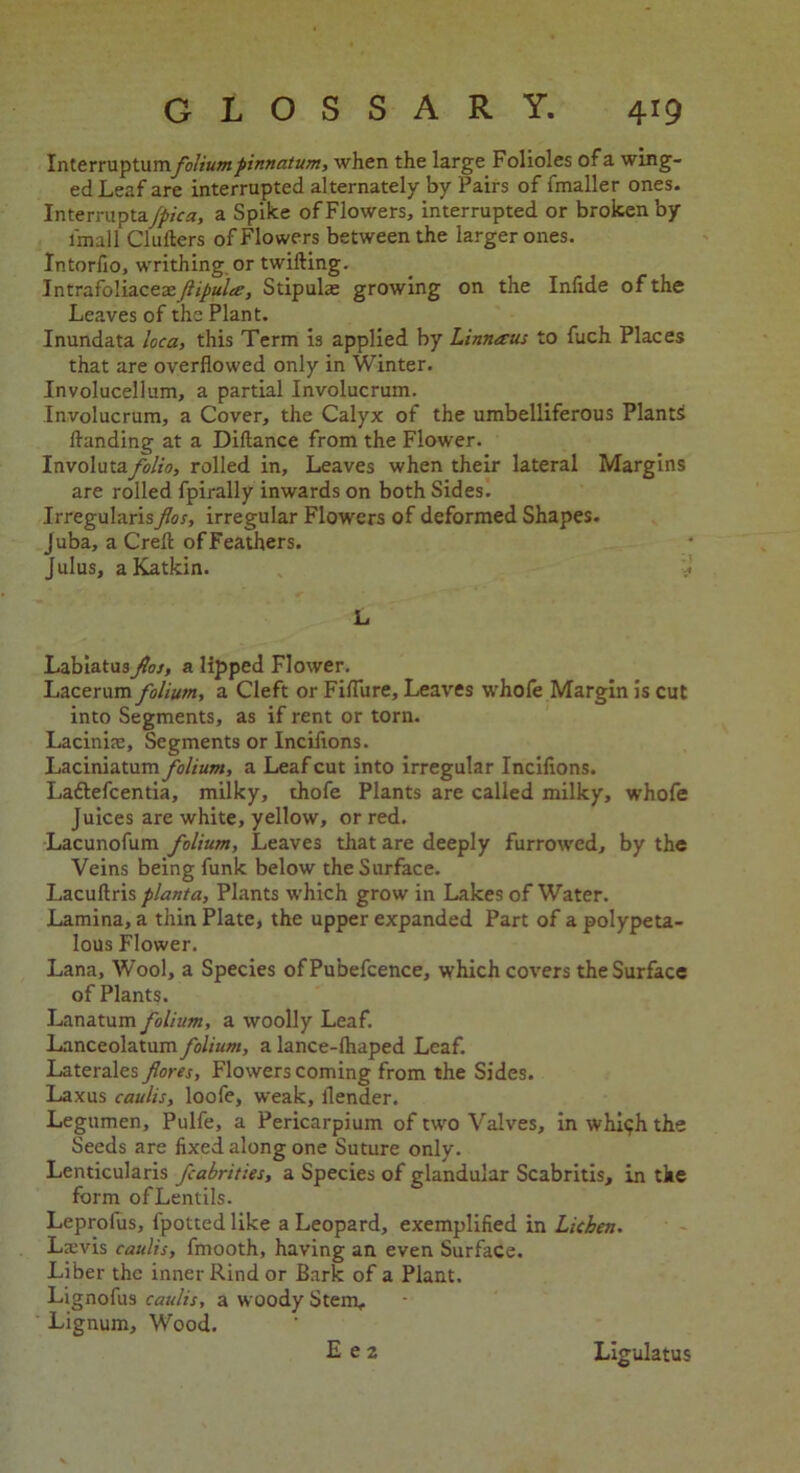 Interruptumfoliumpinnatum, when the large Folioles ofa wing- ed Leaf are interrupted alternately by Pairs of fmaller ones. Interrupta /pica, a Spike of Flowers, interrupted or broken by lma.ll Cl ullers of Flowers between the larger ones. Tntorfio, writhing, or twilling. Intrafoliaceae^/^a/rf?, Stipulae growing on the Inlide of the Leaves of the Plant. Inundata loca, this Term is applied by Linnaeus to fuch Places that are overflowed only in Winter. Involucellum, a partial Involucrum. Involucrum, a Cover, the Calyx of the umbelliferous Plants Handing at a Diftance from the Flower. lnvo\\ita.folio, rolled in, Leaves when their lateral Margins are rolled fpirally inwards on both Sides. Irregularisflos, irregular Flowers of deformed Shapes. Juba, a Crelt ofFeathers. Julus, aKatkin. L Labiatusfos, a lipped Flower. Lacerum folium, a Cleft or Fifliire, Leaves whole Margin is cut into Segments, as if rent or torn. Lacinite, Segments or Inciflons. Laciniatum folium, a Leaf cut into irregular Inciflons. Ladlefcentia, milky, thofe Plants are called milky, whofe Juices are white, yellow, or red. Lacunofum folium. Leaves that are deeply furrowed, by the Veins being funk below the Surface. Lacuftris planta, Plants which grow in Lakes of Water. Lamina, a thin Plate, the upper expanded Part of a polypeta- lous Flower. Lana, Wool, a Species ofPubefcence, which covers the Surface of Plants. Lanatum folium, a woolly Leaf. Lanceolatum folium, a lance-lhaped Leaf. Laterales fores, Flowers coming from the Sides. Laxus caulis, loofe, weak, flender. Legumen, Pulfe, a Pericarpium of two Valves, in whi<;h the Seeds are fixed along one Suture only. Lenticularis fcabrities, a Species of glandular Scabritis, in tke form ofLentils. Leprofus, fpotted like a Leopard, exemplified in Lichen. Ltevis caulis, fmooth, having an even Surface. Liber the inner Rind or Bark of a Plant. Lignofus caulis, a woody Stem, Lignum, Wood. E e 2 Ligulatus
