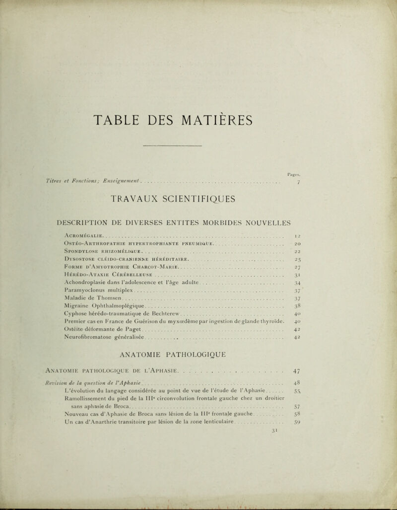 TABLE DES MATIERES Pages. Titres et Fonctions ; Enseignement y TRAVAUX SCIENTIFIQ_UES DESCRIPTION DE DIVERSES ENTITES MORBIDES NOUVELLES Acromégalie. 12 (^stéo-Arthropathie hypertrophiante PNEUMmÜE. 20 Spondylose RHIZOMÉLIüUE 22 Dysostose cléido-cranienne héréditaire. 25 Forme d’.-\myotrophie Charcot-Marie 27 Mérédo-.Ataxie Cérébelleuse 31 -Vchondroplasie dans l’adolescence et l’âge adulte 34 Parainyoclonus multiplex 37 Maladie de Thomsen 37 M igraine Ophthalmoplégique 38 Cyphose hérédo-traumatique de Bechterew 40 Premier cas en France de Guérison du myxœdème par ingestion de glande thyroïde. 40 Ostéite déformante de Paget 42 Neurofibromatose généralisée 42 ANATOMIE PATHOLOGIQUE Anatümii-: pathoi.ücïioue dk l’Aphasie 47 Révision de la question de l’Aphasie 4§ L’évolution du langage considérée au point de vue de l'étude de l’-Aphasie 55, Ramollissement du pied de la IIP circonvolution frontale gauche chez un droitier sans aphasie de Broca 57 Nouveau cas d'.Vphasie de Broca sans lésion de la IIP frontale gauche 58 Un cas d’.Vnarthrie transitoire par lésion de la zone lenticulaire 59 31