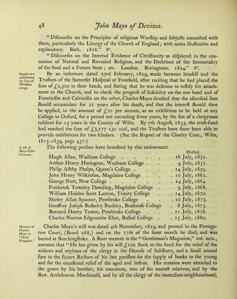 founds two exhibitions for fons of Wiltihire clergy. A lift of Mayo Exhi- bitioners. Memoir of Charles Mayo in “ Gent. Magazine.” 48 John Mayo of Devizes. <c Difcourfes on the Principles of religious Worlhip and fubjedls conne<5ted with them, particularly the Liturgy of the Church of England ; with notes illuftrative and explanatory. Bath. 1818.” 8°. “ Difcourfes on the Internal Evidence of Chriftianity as difplayed in the con- nexion of Natural and Revealed Religion, and the Do&rines of the Immortality of the Soul and a Future State ; etc. London. Rivingtons. 1824.” 8°. By an indenture dated 23rd February, 1829, made between himfelf and the Truftees of the Somerfet Hofpital at Froxfield, after reciting that he had placed the fum of ^2,500 in their hands, and Hating that he was defirous to teftify his attach- ment to the Church, and to check the progrefs of Infidelity on the one hand and of Fanaticifm and Calvinifm on the other, Charles Mayo diredted that the aforefaid fum fhould accumulate for 21 years after his death, and that the filtered: fhould then be applied, to the amount of £70 per annum, as an exhibition to be held at any College in Oxford, for a period not exceeding feven years, by the fon of a clergyman refident for 15 years in the County of Wilts. By 7th Auguft, 1833, the truft-fund had reached the fum of ,£3,177 13J. iOf/., and the Truftees have fince been able to provide exhibitions for two fcholars. (See the Report of the Charity Com., Wilts, 1815-1839, page 437.) The following perfons have benefited by this endowment. Hugh Allan, Wadham College .... Elefted. . 16 July, 1852. Arthur Henry Harington, Wadham College . • 9 July, GO 00 hi Philip Aftiby Phelps, Queen’s College . • 14 July, HH 00 Gr** VO John Henry Wilkinfon, Magdalen College . 10 July, 1862. George Nutt, New College ..... . 14 July, 1864. Frederick Townley Dowding, Magdalen College • 9 July, HH OO On CO William Holden Scott Laxton, Trinity College • 14 July, 1870. Shirley Allan Spooner, Pembroke College • 10 July, 1873. Geoffrey Jofeph Bulkeley Buckley, Brafenofe College . 8 July, 187 5- Bernard Henry Tower, Pembroke College . 11 July, 1878. Charles Norton Edgcumbe Eliot, Balliol College • 15 July, 6 CO CO Charles Mayo’s will was dated 4th November, 1829, and proved in the Preroga- tive Court, (Beard 268,) and on the 27th of the fame month he died, and was buried at Beechingftoke. A fhort memoir in the “ Gentleman’s Magazine,” vol. xcix., narrates that “He has given by his will ,£100 ftock to the fund for the relief of the widows and orphans of the clergy in the Diocefe of Salifbury, and a fmall annual fum to the future Redtors of his late parifties for the fupply of books to the young and for the occafional relief of the aged and infirm. His remains were attended to the grave by his brother, his executors, two of his neareft relatives, and by the Rev. Archdeacon Macdonald, and by all the clergy of the immediate neighbourhood,