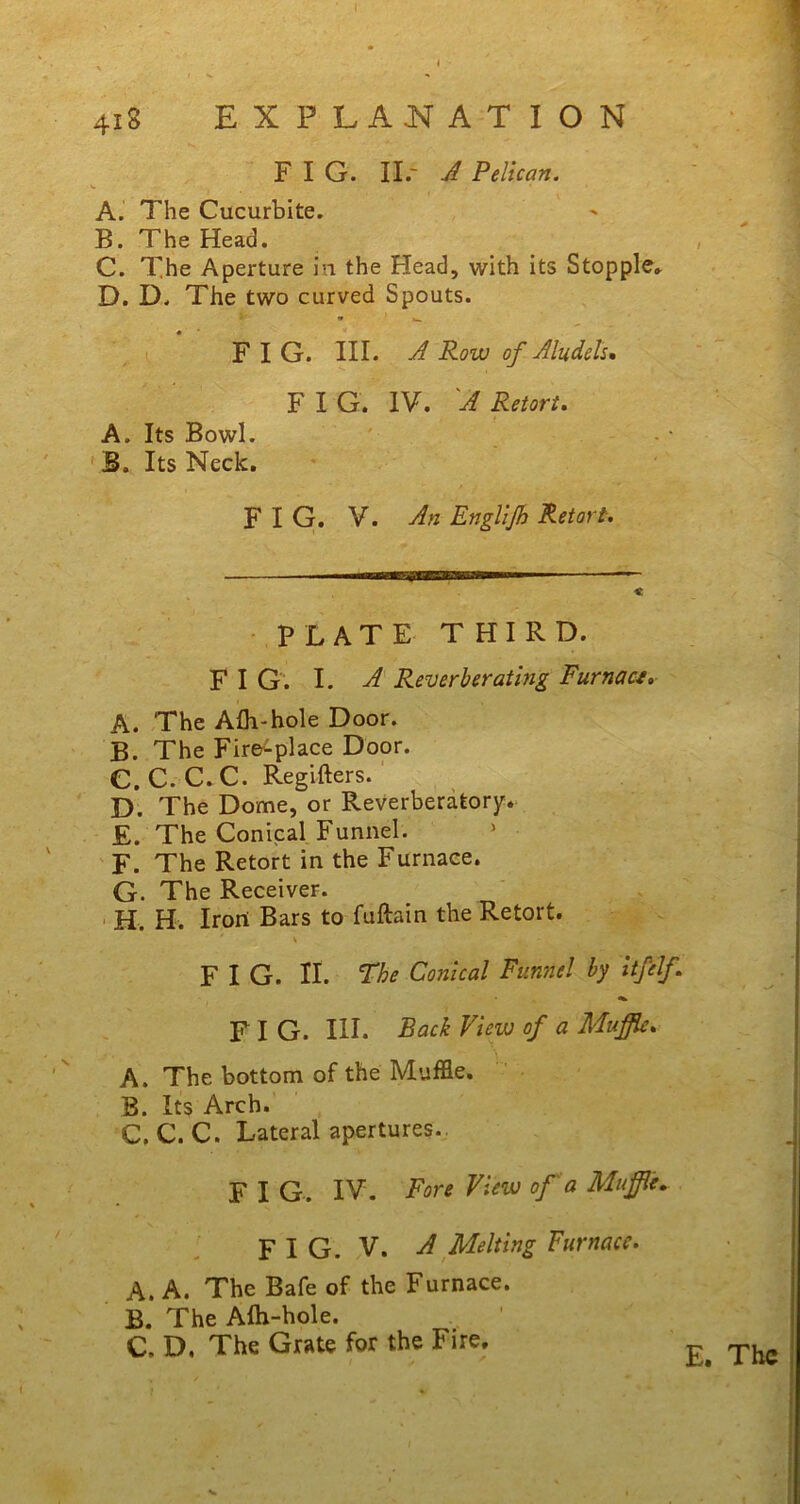 F I G. Hr A Pelican. A. The Cucurbite. B. The Head. C. T.he Aperture in the Head, with its Stopple* D. D. The two curved Spouts. PLATE THIRD. FIG. I. A Reverberating Furnace. A. The Afh-hole Door. B. The Fire-place Door. C. C.C.C. Regifters. D. The Dome, or Reverberatory. E. The Conical Funnel. F. The Retort in the Furnace. G. The Receiver. H. H. Iron Bars to fuftain the Retort. * FIG. II. The Conical Funnel by itfelf. F I G. III. Back View of a Muffle. A. The bottom of the Muffle. B. Its Arch. C. C. C. Lateral apertures. F I G. IV. Fore View of a Muffle. F I G. V. A Melting Furnace. A. A. The Bafe of the Furnace. B. The A Ill-hole. C. D, The Grate for the Fire. FIG. III. A Row of Aludels, F I G. IV. 'A Retort. A. Its Bowl. JB. Its Neck. FIG. V. An Englijh Retort. E. The