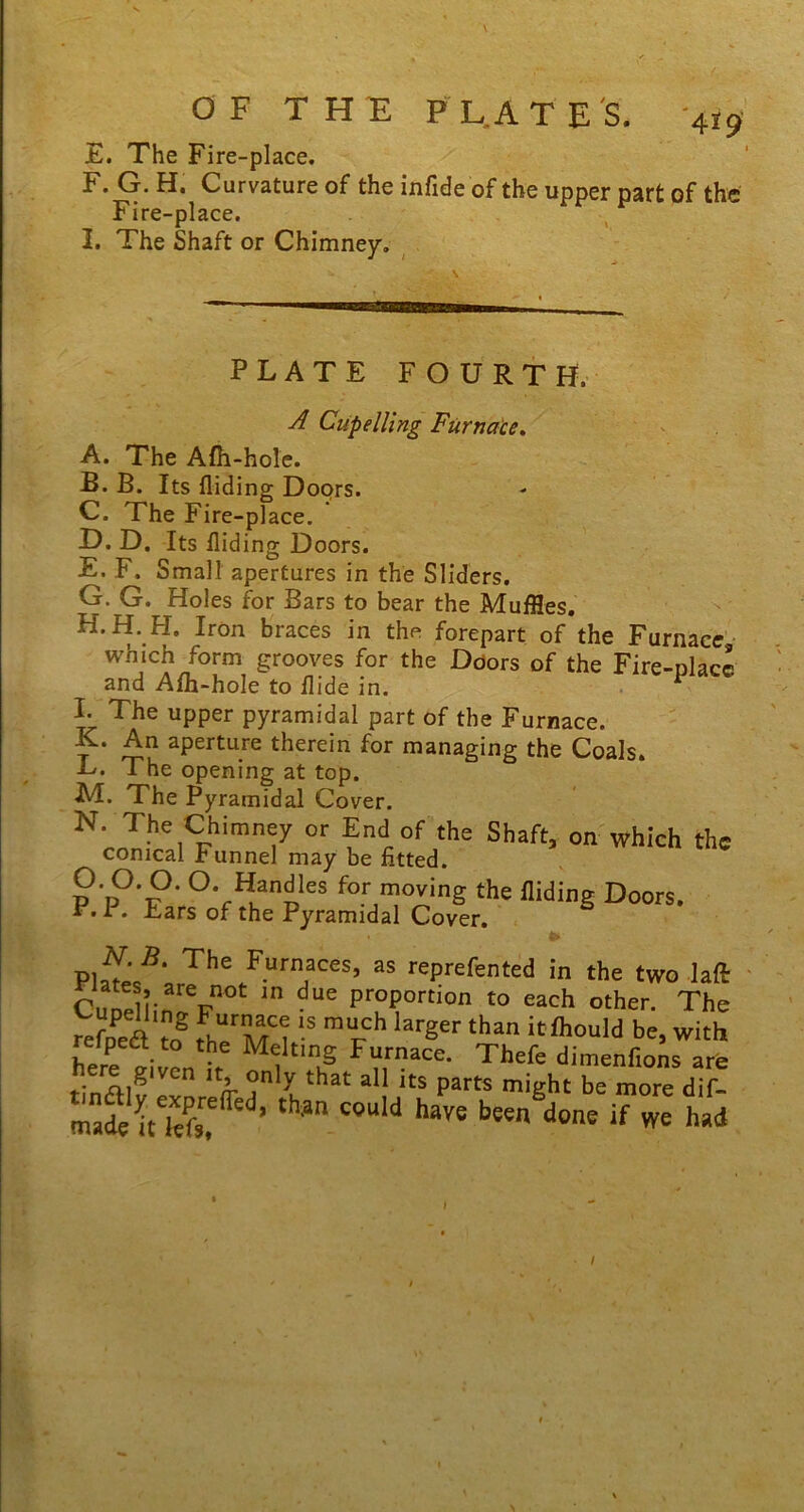 OF THE PLATE'S. 4,9 E. The Fire-place. F. G. H. Curvature of the infide of the upper part of the Fire-place. I. The Shaft or Chimney. * \ \ . . ——— ■ rr H I \i\mmm PLATE FOURTH. A Cupelling Furnace. A. The Afh-hole. B. B. Its Hiding Doors. C. The Fire-place. D. D. Its Hiding Doors. E. F. Small apertures in the Sliders. G. G. Holes for Bars to bear the Muffles. H. H. H. Iron braces in the forepart of the Furnace which form grooves for the Doors of the Fire-Dlacr and Afh-hole to Hide in. L The upper pyramidal part of the Furnace. K. An aperture therein for managing the Coals. L. The opening at top. M. The Pyramidal Cover. N. The Chimney or End of the Shaft, on which the conical Funnel may be fitted. O. O. O. O. Handles for moving the Aiding Doors, r. 1 . Lars of the Pyramidal Cover. Plate'B;7he/UrnfCeS’ as rePrefented in the two laft Cnnlir % ,n due ProP°rtI°n to each other. The reftefl to “ murch larger than itftould be, with relpett to the Melting Furnace. Thefe dimenfions are tinfllv Cn 1 n- 71that a11 lts parts might be more dif- made th*n C°U,d haVS been done if we had