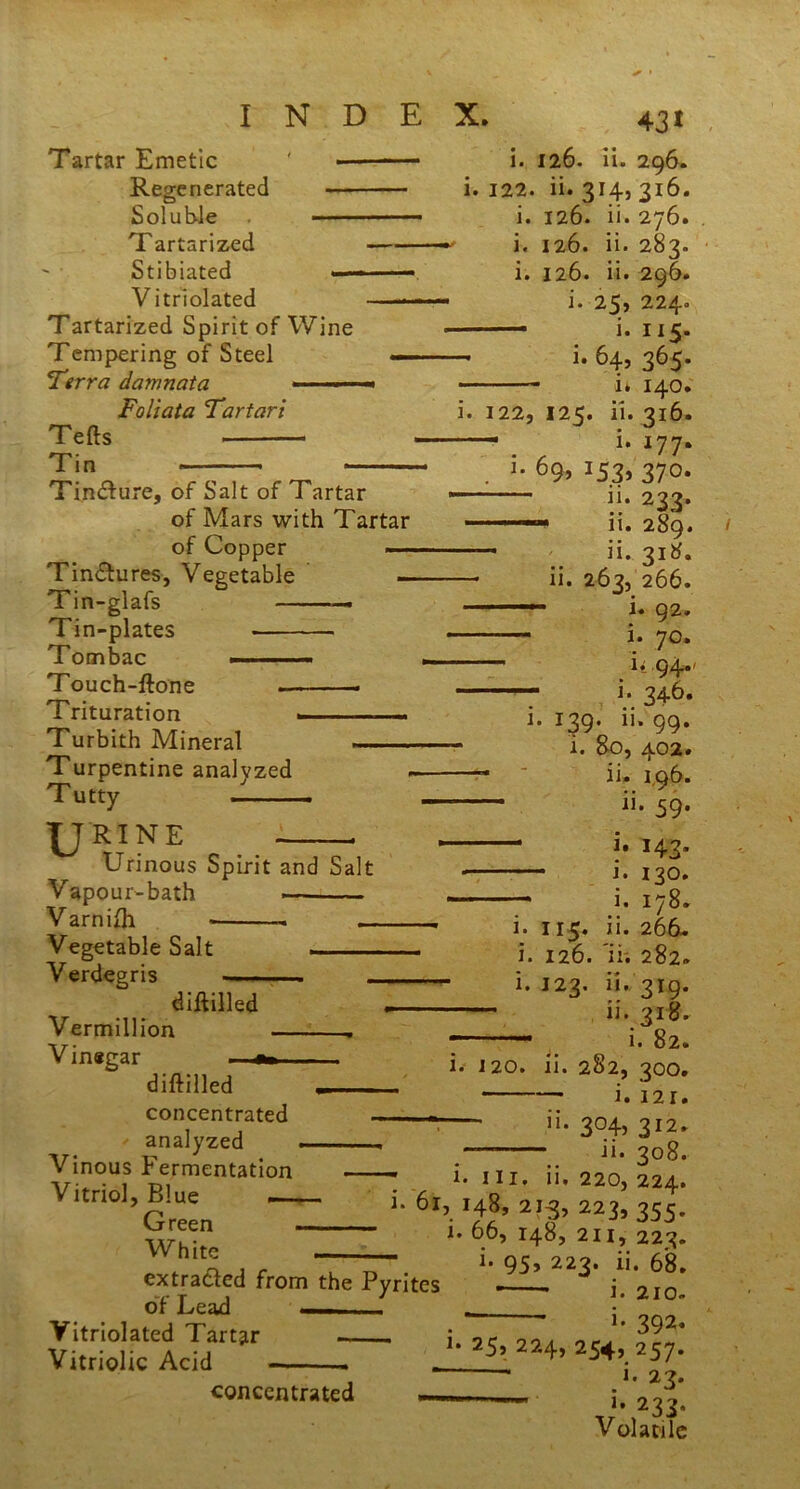Tartar Emetic ' — Regenerated — Soluble Tartarized Stibiated <— Vitriolated Tartarized Spirit of Wine Tempering of Steel Terra damnata — Foliata Tartari Tells Tin Tindfure, of Salt of Tartar of Mars with Tartar of Copper —- Tinctures, Vegetable — Tin-glafs — Tin-plates Tombac ■ Touch-ftone - Trituration - - ... Turbith Mineral Turpentine analyzed Tutty ..1 jjRINE . Urinous Spirit and Salt Vapour-bath — Varnifh Vegetable Salt — Verdegris diffilled Vermillion . Vinegar .. — diftilled «— concentrated analyzed Vinous Fermentation Vitriol, Blue . Green White .. extracted from the Pyrites of Lead —.... i . . Vitriolated Tartar Vitriolic Acid . 431 i. 126. ii. 296. i. 122. ii. 314, 316. i. 126. ii. 276. i. 126. ii. 283. i. 126. ii. 296. • !• 2^) 22/j.o i. 115. — i. 64, 365. i* 140. i. 122, 125. ii. 316. i. 177* . 69> *53> 37°- — ii. 233.  — ii. 289. ii. 318. —• ii. 263, 266. ——- i. 92. j. JQ# ““* i. 94.' ■ —— i. 346. i. 139. ii. 99. — i. 80, 402. ii. 1.96. ii. 59. ———1 i. 14?. i. 130. i. 178. i. 115. ii. 266- i. 126. ir. 282. i. J23. ii. 319. ii. 318. — i. 82. i. 120. ii. 282, 300. i. 121. concentrated • ”• 3°4) 3J2* ii. 308. * i. Hi. ii. 220, 224. i. 61, 148, 213, 223, 355. i. 66, 148, 2ii, 223. i. 95, 223. ii. 68. * i. 210. * 392- 25, 224, 254, 257. * i. 23. —* *• 233. Volatile