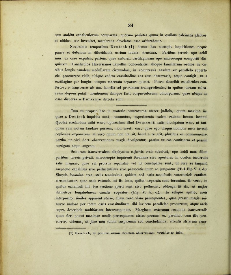 cum ambitu canaliculorum comparata; quorum parietes quum in ossibus calcinatis glabros et nitidos esse inveniret, membrana obvelatos esse arbitrabatur. Novissimis temporibus Deutsch (1) denuo has suscepit inquisitiones neque pauca ei debemus in dilucidanda ossium intima structura. Partibus terreis ope acidi mur. ex osse expulsis, partem, quae suberat, cartilagineam ope microscopii compositi dis- quisivit. Canaliculos Haversianos lamellis concentricis, alioque lamellarum ordine in os- sibus longis canalem medullarem circumdari, in compressis easdem ex parallelo superfi- ciei procurrere vidit; ubique eadem crassitudine eas esse observavit, atque contigit, ut a cartilagine per longius tempus macerata separare posset. Porro describit canaliculos con- fertos, e transverso ab una lamella ad proximam transgredientes, in quibus terram calca- ream deponi putat; mentionem denique facit corpusculorum, oblongorum, quae ubique in o,sse dispersa a Purkinje detecta sunt. Tum ut proprio hac in materie controversa uterer judicio, quum maxime iis, quae a Deutsch inquisita sunt, commotus, experimenta eadem ratione iterum institui. Quodsi credendum mihi esset, opusculum illud Deutschii satis divulgatum esse, ut tan- quam rem notam laudare possem, non esset, cur, quae ego disquisitionibus meis inveni, copiosius exponerem, at vero quum non ita sit, haud e re erit, pluribus ea communicare, partim ut viri doct. observationes magis divulgentur, partim ut eas confirmem et passim corrigam atque augeam. Secturam transversalem diaphyseos cujusvis ossis tubulosi, ope acidi mur. diluti partibus terreis privati, microscopio inquirenti foramina sive aperturae in oculos incurrunt satis magnae, quae vel prorsus separatae vel ita constipatae sunt, ut fere se tangant, saepeque canalibus sive pellucentibus sive persecatis inter se jungantur (T. I. Fig. V. a. d.). Singula foramina area, striis tenuissimis quidem sed satis manifestis concentricis conflata, circumdantur, quae satis rotunda est iis locis, quibus separata sunt foramina, iis vero, rn quibus canaliculi illi sive sectione aperti sunt sive pellucent, oblonga fit ita, ut major diametros longitudinem canalis sequatur (Fig. V. b. c.). In reliquo spatio, areis interposito, similes apparent striae, aliam vero viam persequentes, quae gressu magis mi- nusve undoso per totam ossis crassitudinem sibi invicem parallelae procurrunt, atque areis supra descriptis multifariam interrumpuntur. Marginem externum sectionis transversalis quam fieri potest maximae oculis persequentes strias prorsus ex parallelo cum illo pro- currere videmus, ut jure non solum suspicemur sed concludamus, circulis striarum cana- (1) D etilscli, de peiiiliori ossium structura observationes. Vratislaviae 1834,