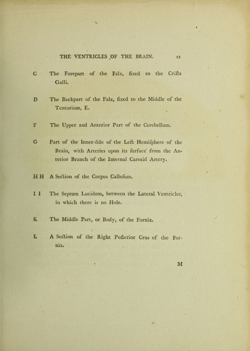 \- THE VENTRICLES t0F THE BRAIN. 21 C The Forepart of the Falx, fixed to the Crifta Galli. D The Backpart of the Falx, fixed to the Middle of the Tentorium, E. * F The Upper and Anterior Part of the Cerebellum. G Part of the Inner-fide of the Left Hemifphere of the Brain, with Arteries upon its furface from the An- terior Branch of the Internal Carotid Artery. H H A Sedion of the Corpus Callofum. I I The Septum Lucidum, between the Lateral Ventricles, in which there is no Hole. K The Middle Part, or Body, of the Fornix. L A Sedion of the Right Pofterior Crus of the For- nix.
