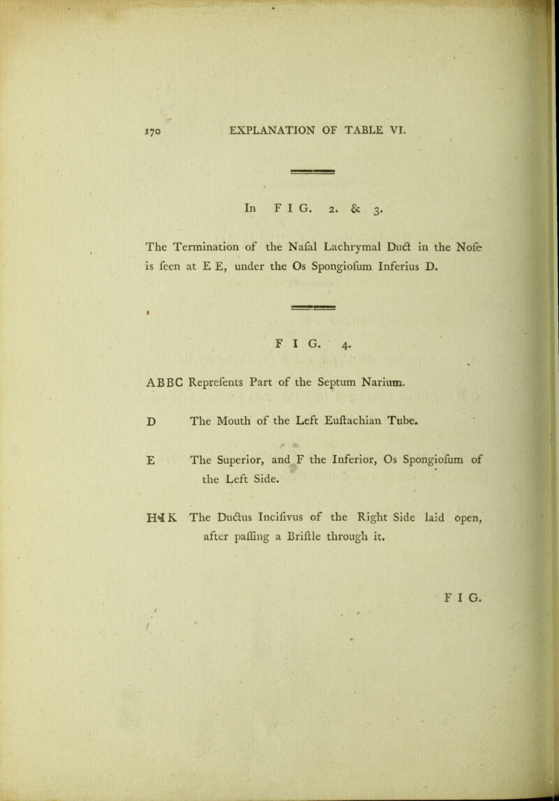 In FIG. 2. &; 3. The Termination of the Nafal Lachrymal Du6t in the Note- is feen at E E, under the Os Spongiofum Inferius D. FIG. 4. ABBC Reprefents Part of the Septum Narium. D The Mouth of the Left Euftachian Tube. E The Superior, and F the Inferior, Os Spongiofum of the Left Side. H>I K The Du&us Incilivus of the Right Side laid open, after palling a Briftle through it.