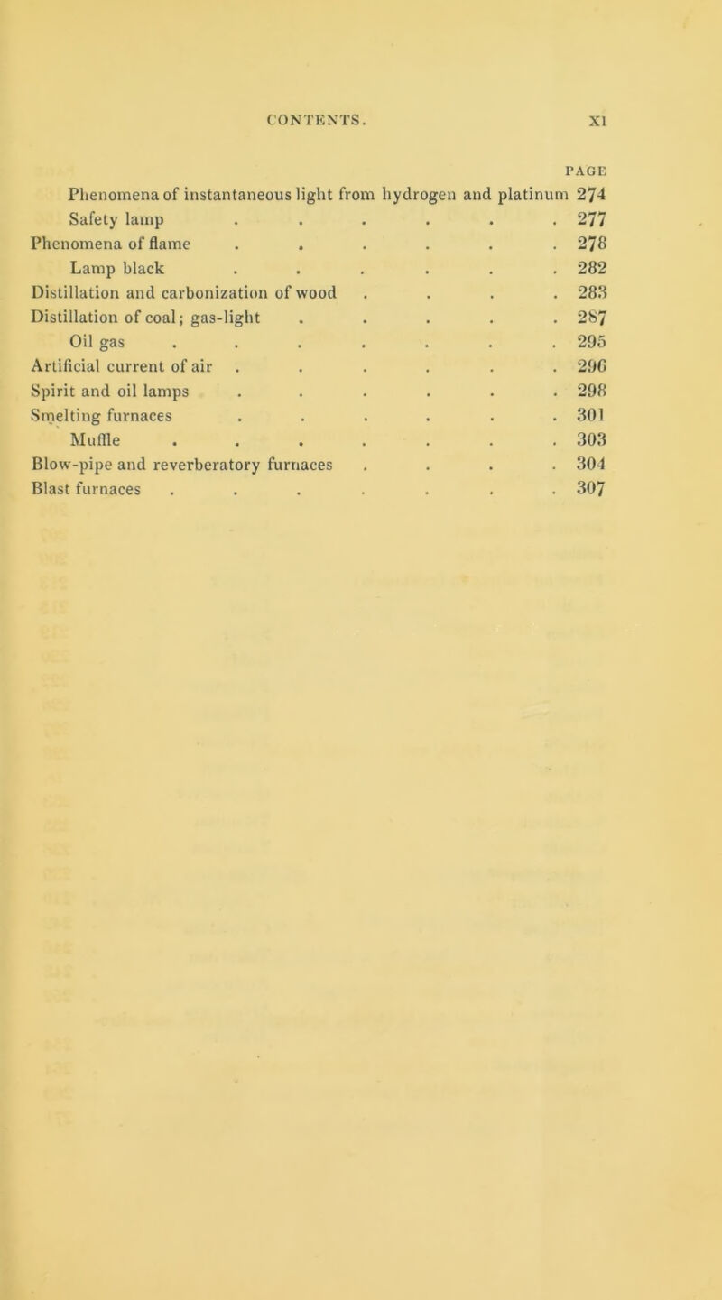 PAGE Phenomena of instantaneous light from hydrogen and platinum 274 Safety lamp ...... 277 Phenomena of flame ...... 278 Lamp black ...... 282 Distillation and carbonization of wood .... 288 Distillation of coal; gas-light ..... 287 Oil gas ....... 295 Artificial current of air . . . . . 29G Spirit and oil lamps ...... 298 Smelting furnaces . . . . . .301 Muffle ....... 303 Blow-pipe and reverberatory furnaces .... 304 Blast furnaces ....... 307