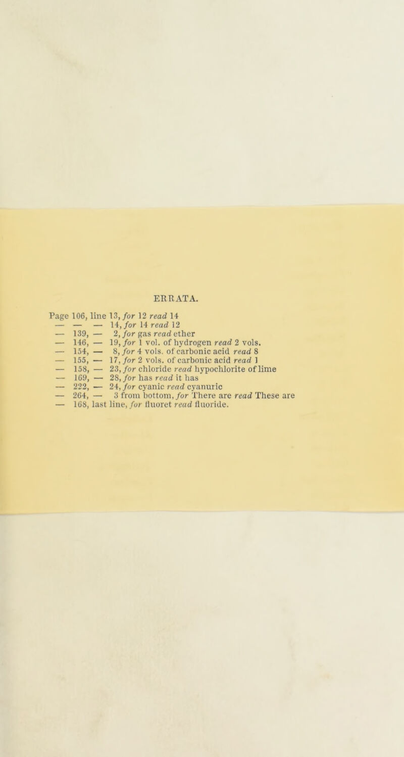 Page 106, — 139, — 146, — 154, — 155, — 158, — 169, — 222, — 264, — 168, ERRATA. line 13, for 12 read 14 — 14, for 14 read 12 — 2, for gas read ether — 19, for 1 vol. of hydrogen read 2 vols. — 8, for 4 vols. of carbonic acid read 8 — 17, for 2 vols. of carbonic acid read 1 — 23 ,/or chloride read hypochlorite of lime — 28, for has read it has — 24, for cyanic read cyanuric —• 3 from bottom, for There are read These are last line, for fluoret read fluoride.